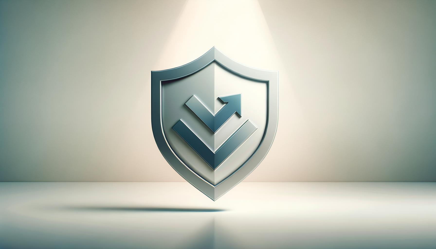 Minimalist illustration of a shield with an upward arrow on a light gradient background