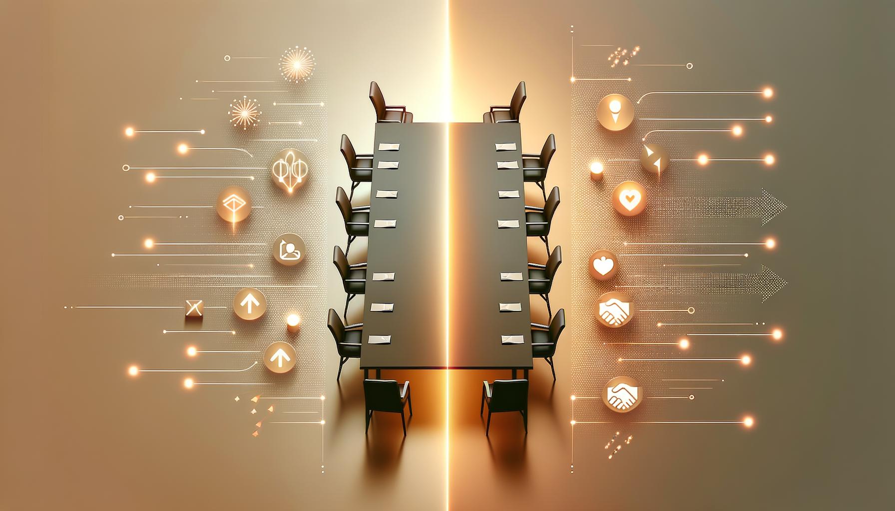 Minimalist concept art of a meeting table merging into abstract symbols of collaboration and impact