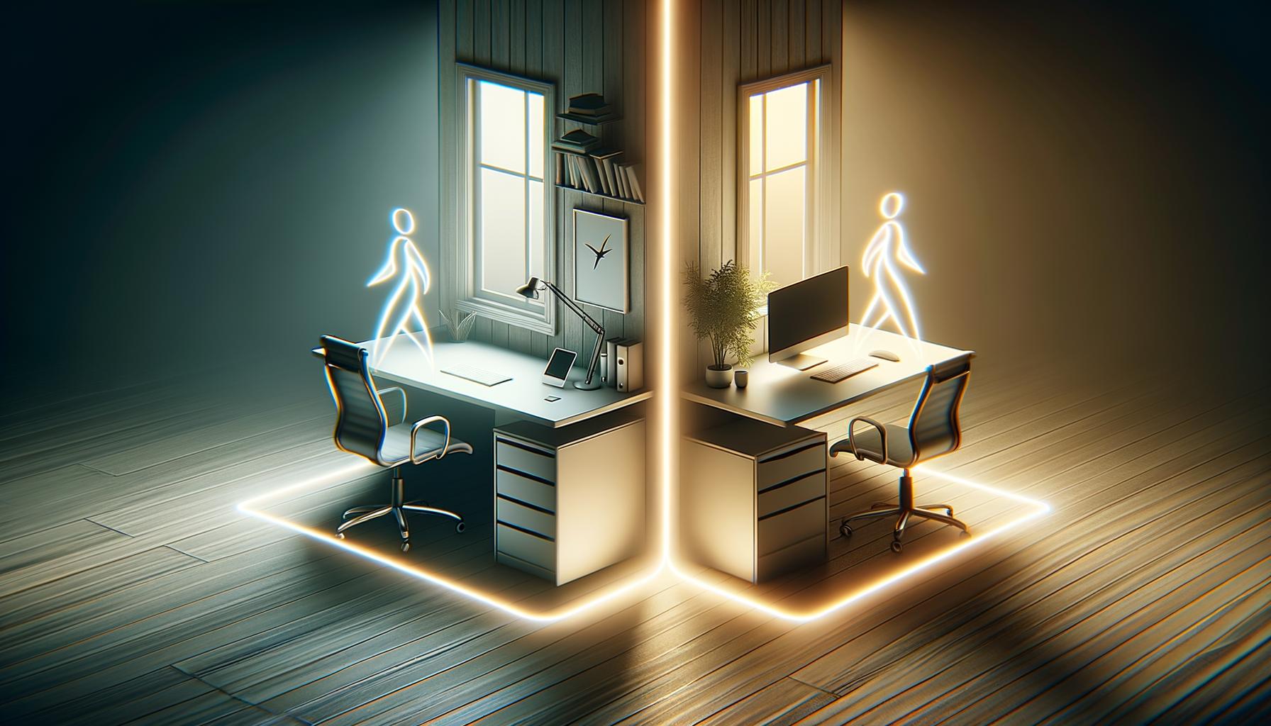 Minimalist digital illustration of a workspace blending home and office with a glowing productivity path