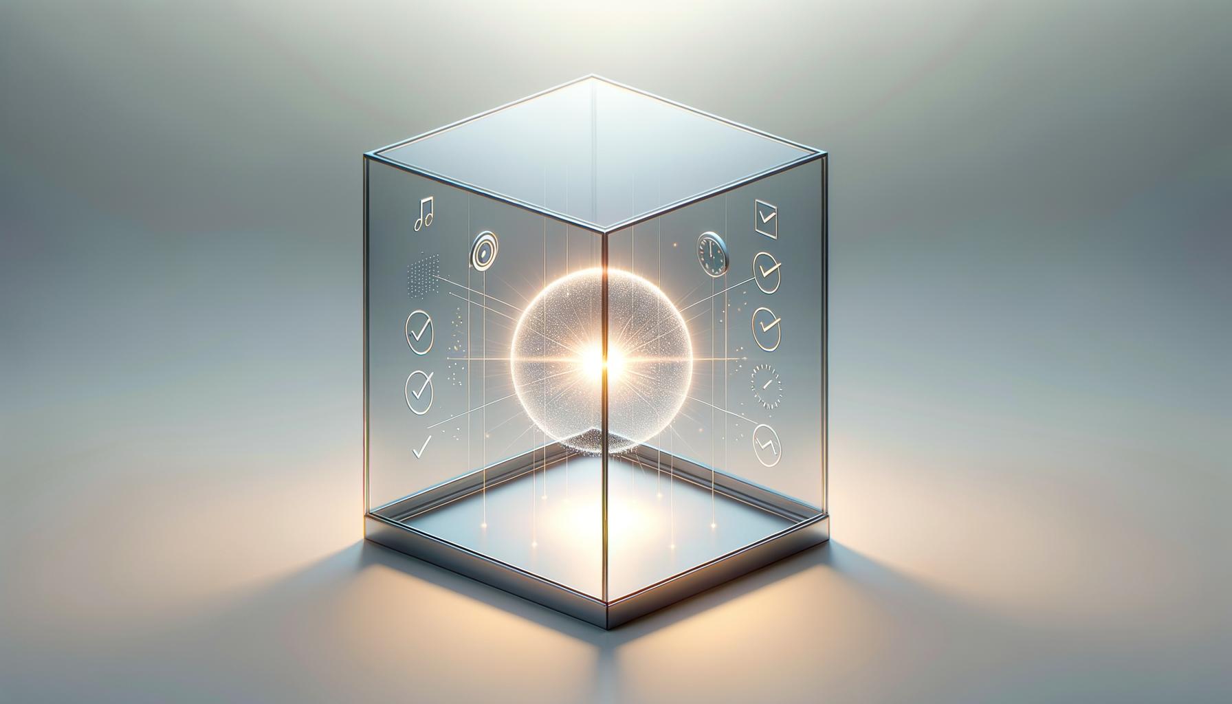 A glass cube with a glowing sphere inside and faint icons outside on a soft gradient background