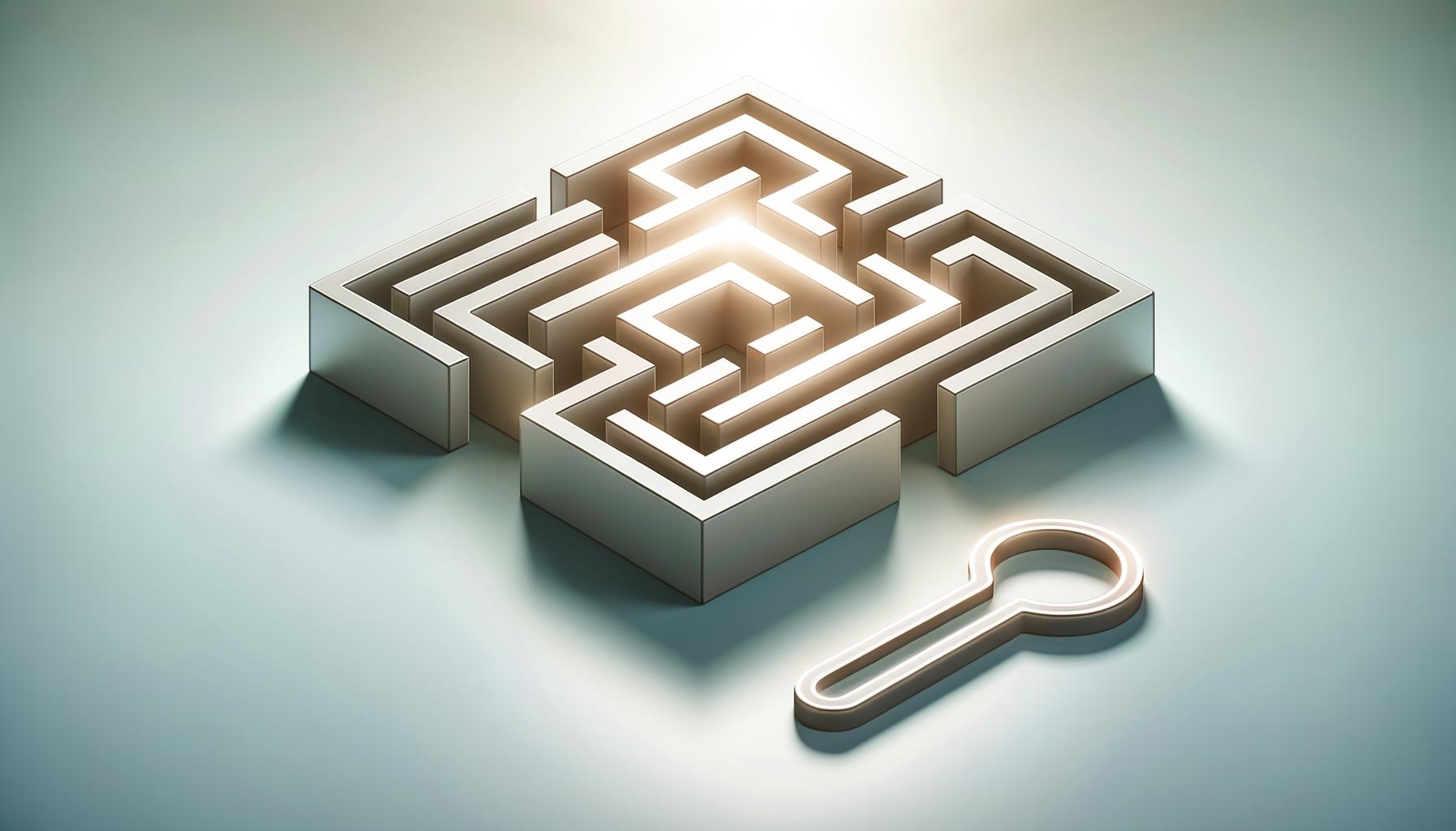 Minimalist maze with clear path and toolkit icon on soft gradient background