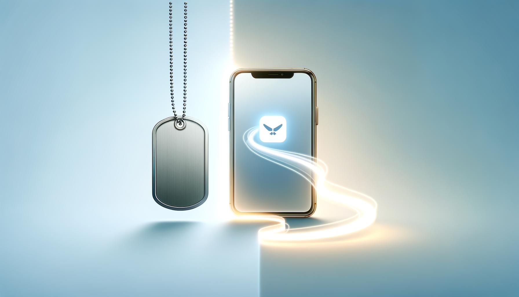 Minimalist illustration of a military dog tag blending into a smartphone symbolizing career transition