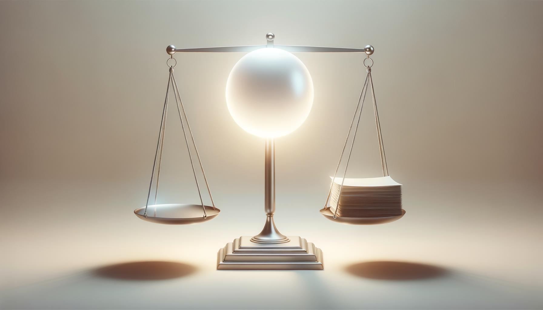 Minimalist illustration of a glowing orb balanced above papers on a scale with a soft gradient background