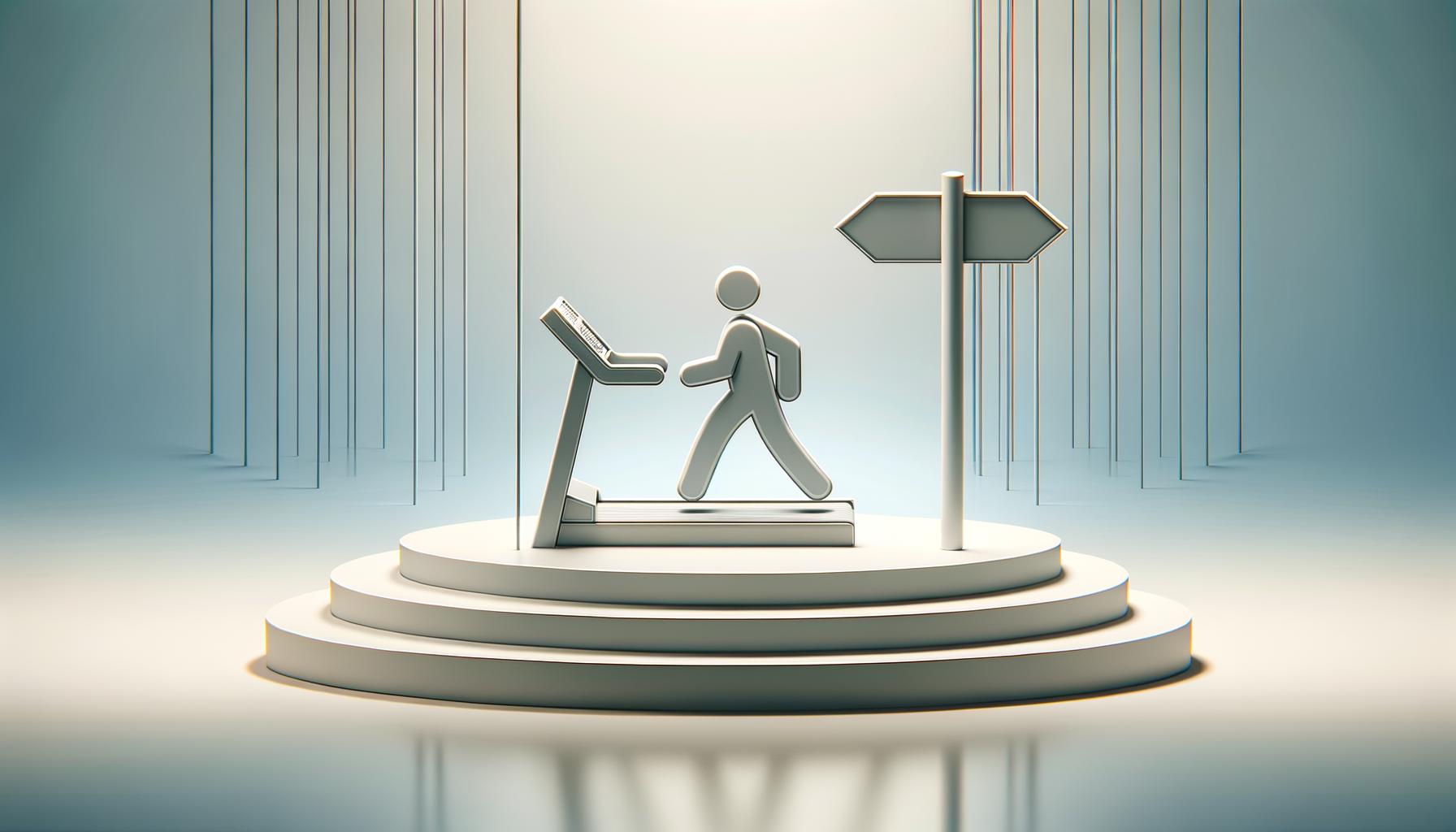Minimalist stage with treadmill looping in place and arrow path leading forward on soft gradient background