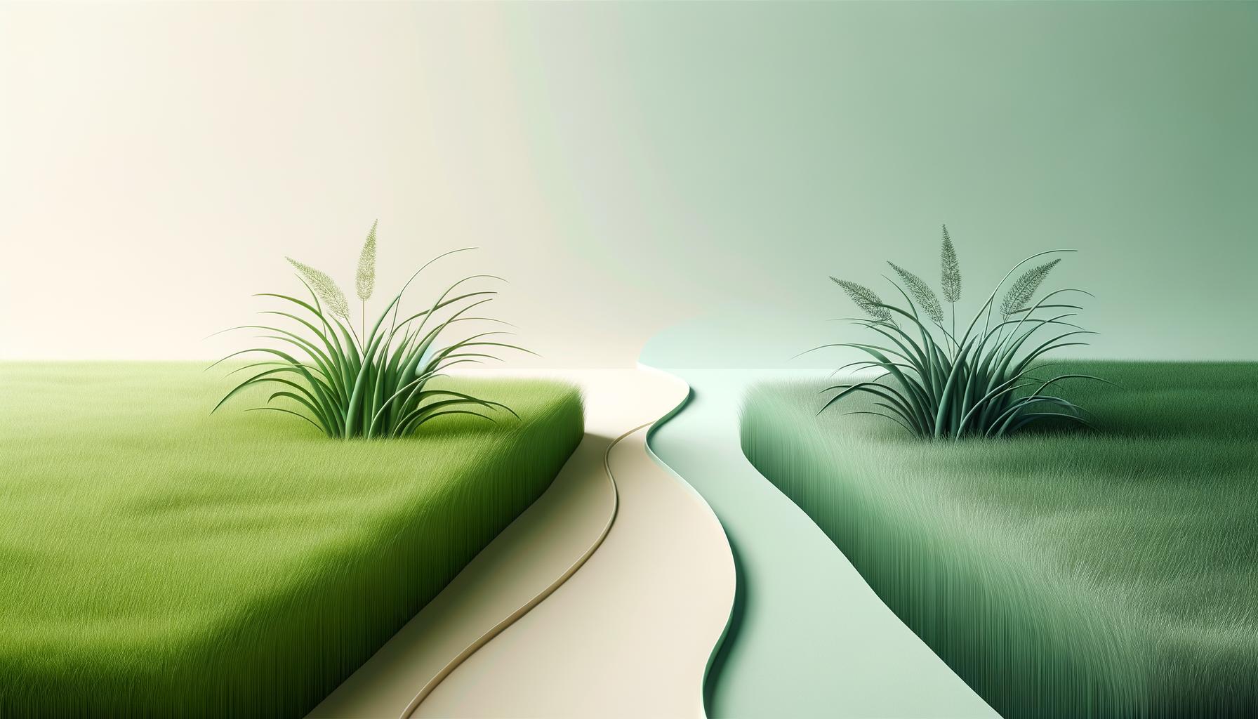 A minimalist scene of two green grass patches with subtle weeds divided by a winding path on a soft gradient background