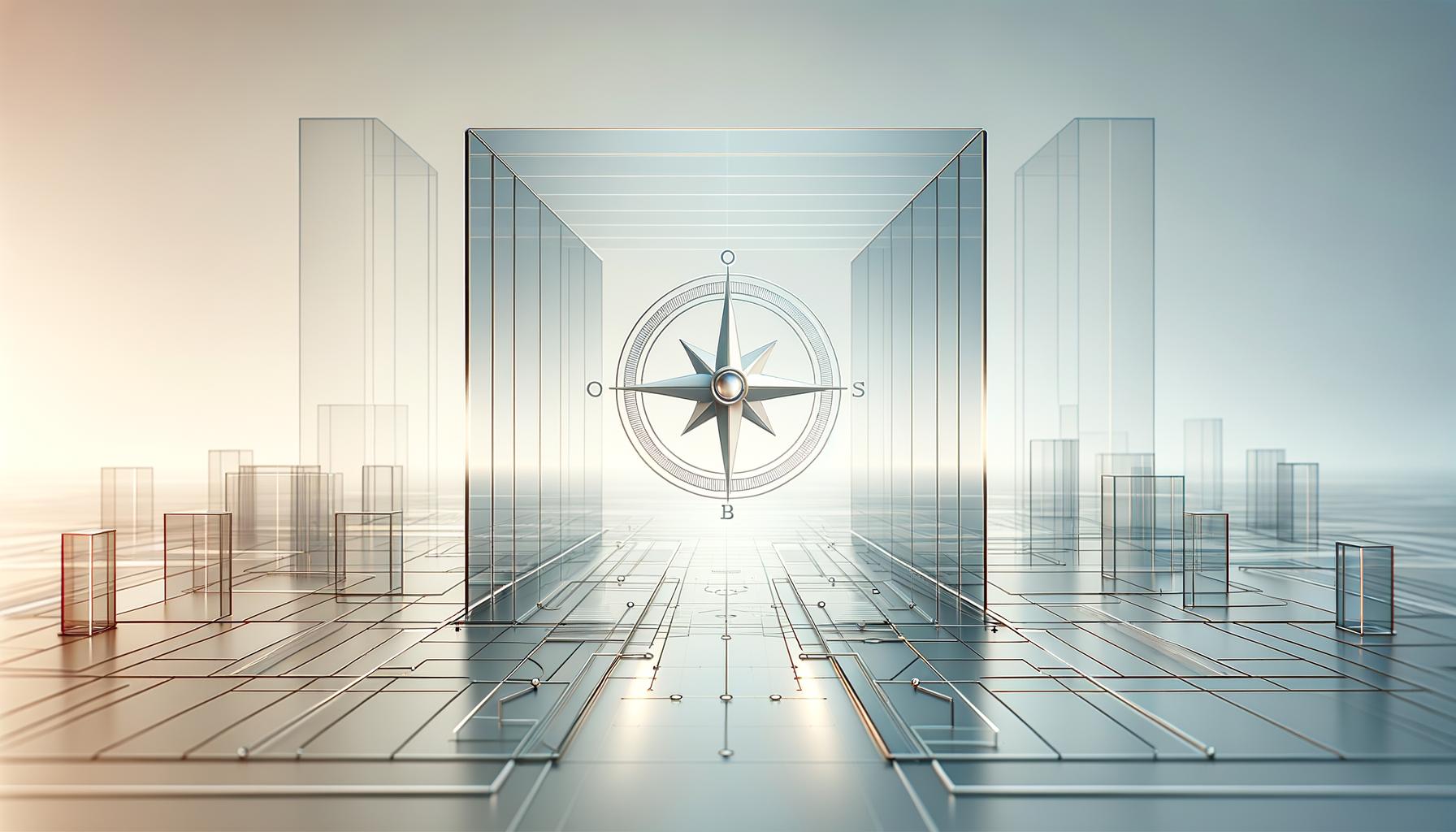Minimalist illustration of intersecting pathways with a glowing compass symbolizing engineering leadership