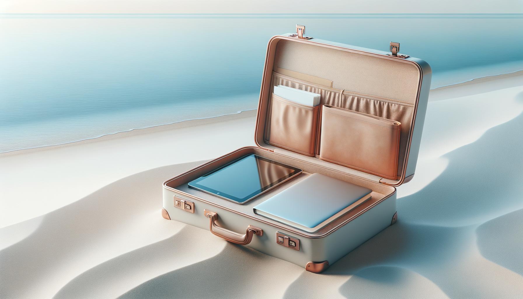 Minimalist suitcase with work items on a calm beach against a soft gradient background