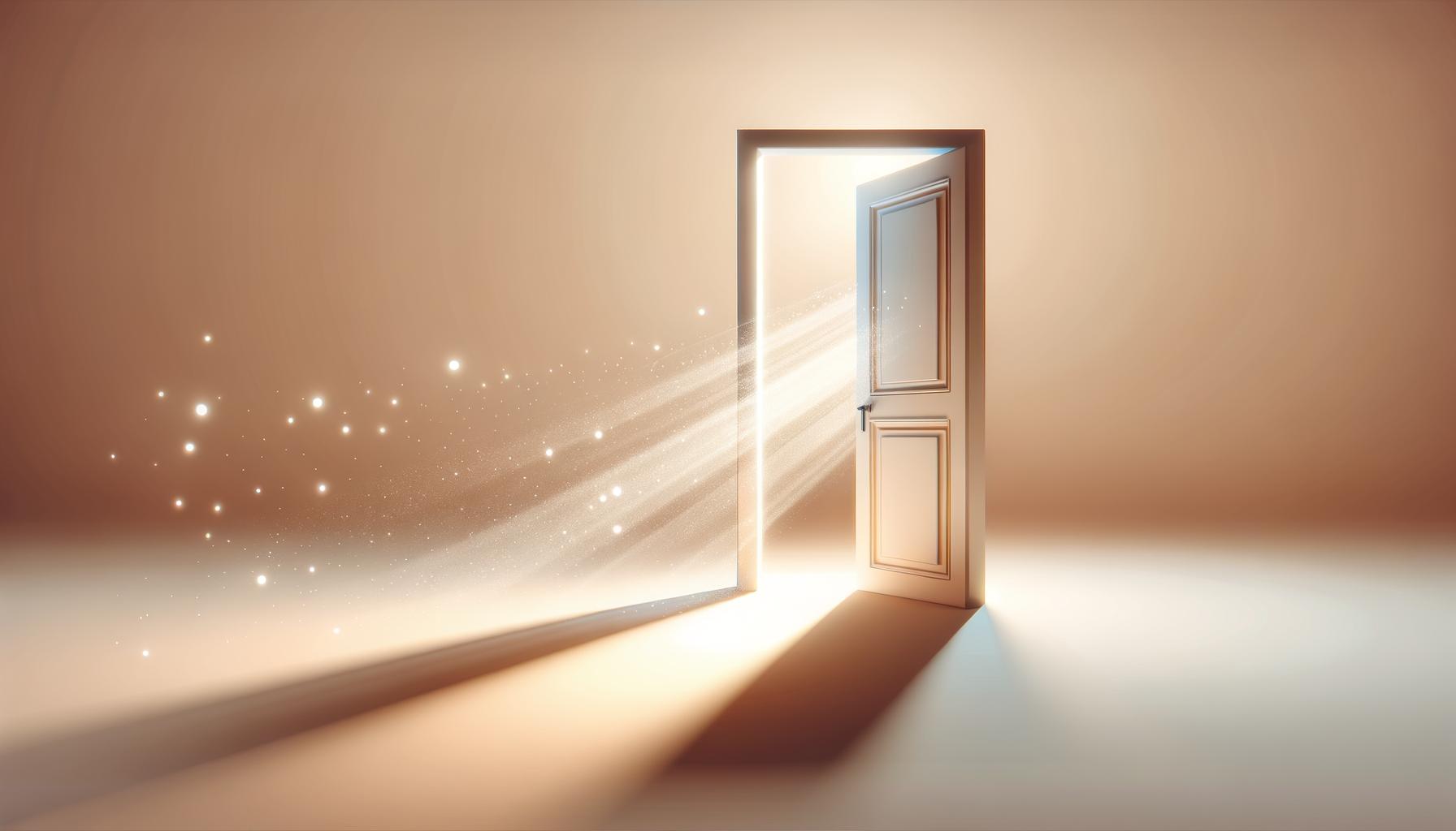 Minimalist open doorway with light shining through onto a soft gradient background representing overcoming self-doubt