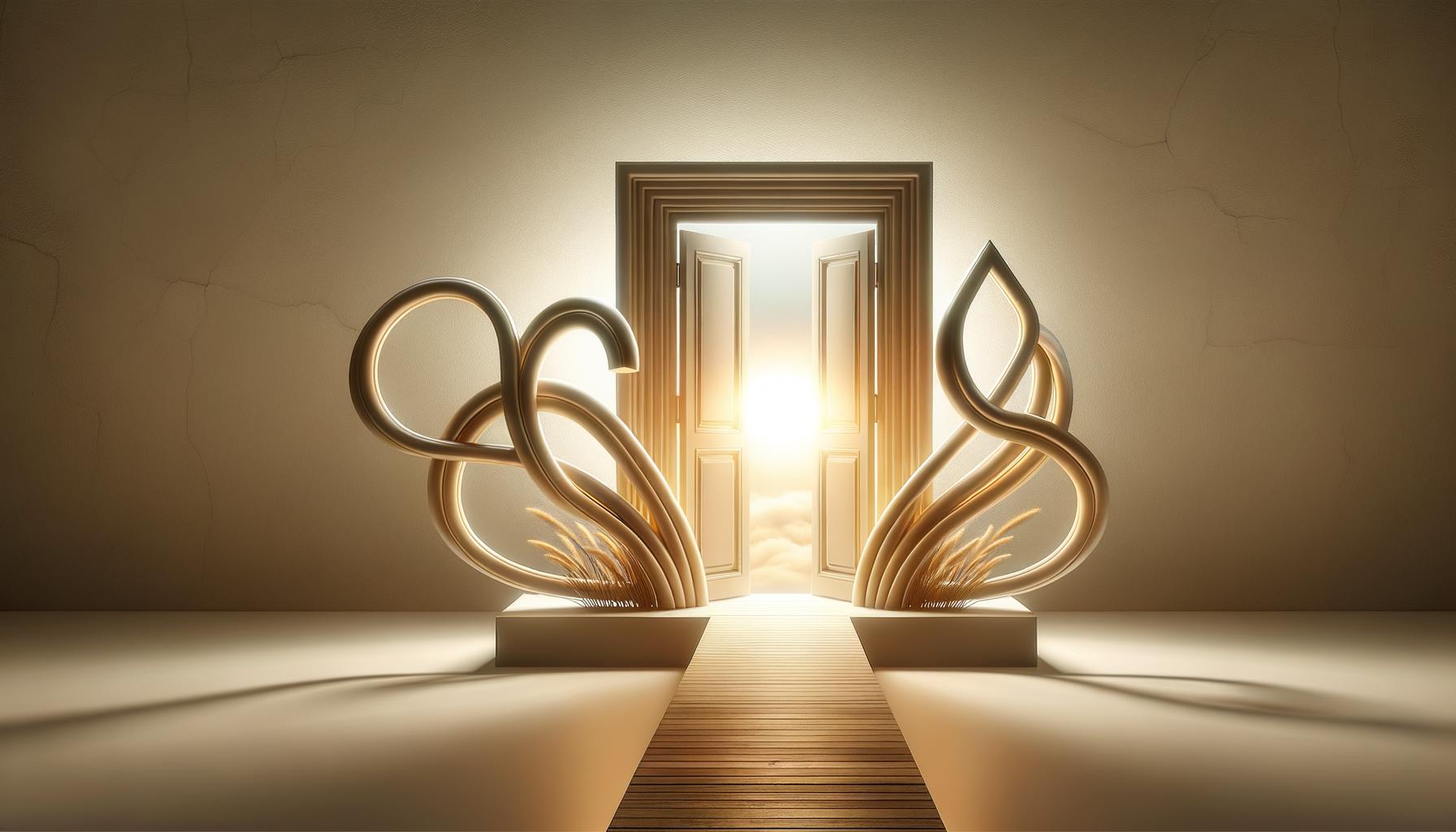 Minimalist illustration of an open door with light and interlocking shapes symbolizing key interview skills