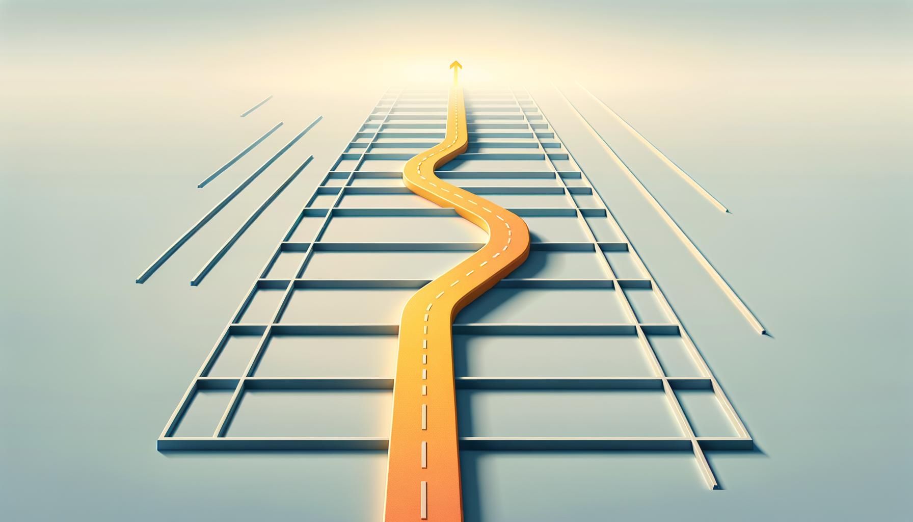 A bold path branching away from a faint grid on a soft light background symbolizing forging your own way