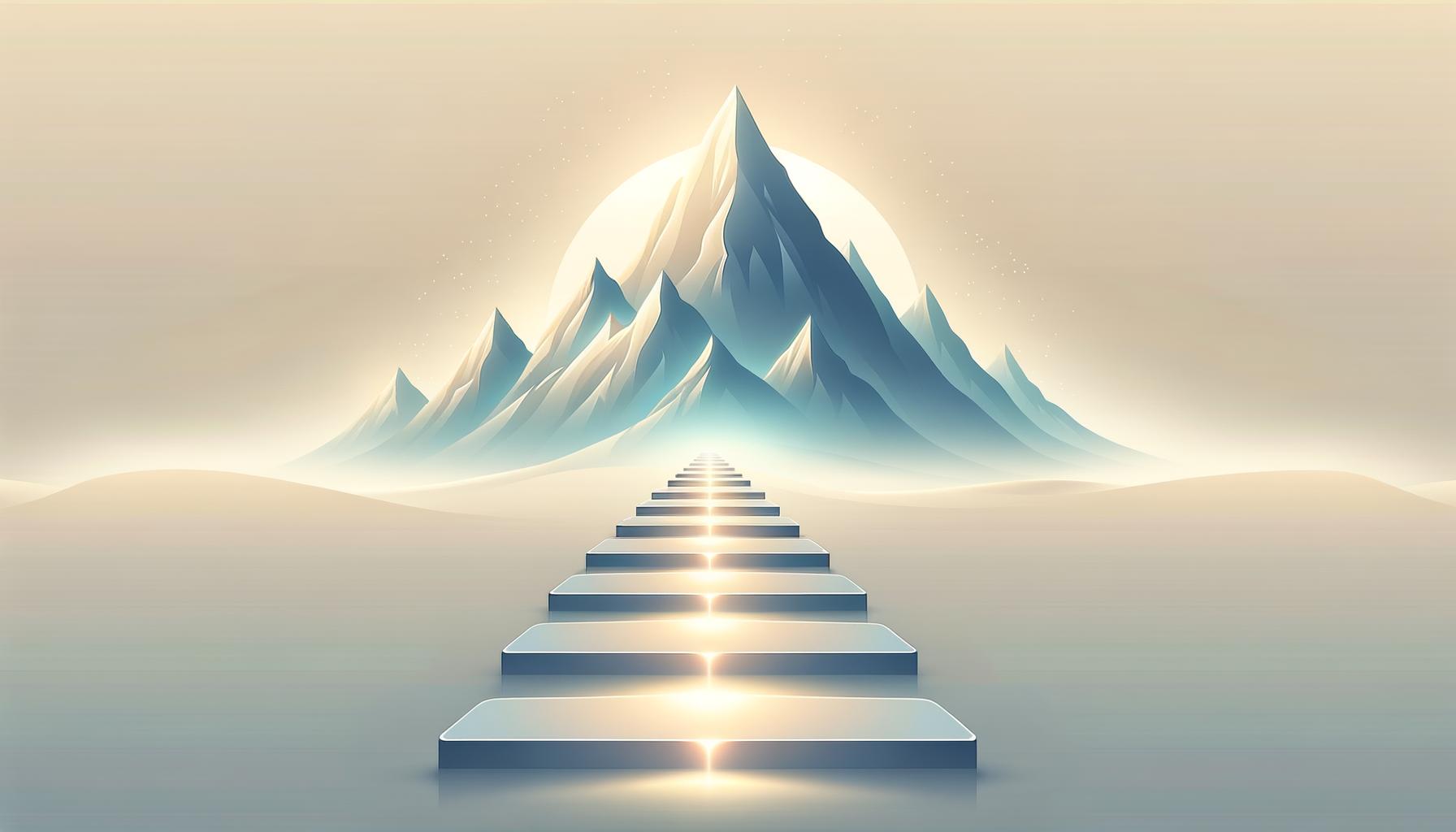 A minimalist illustration of a stepping stone path leading toward a distant mountain peak on a light gradient background