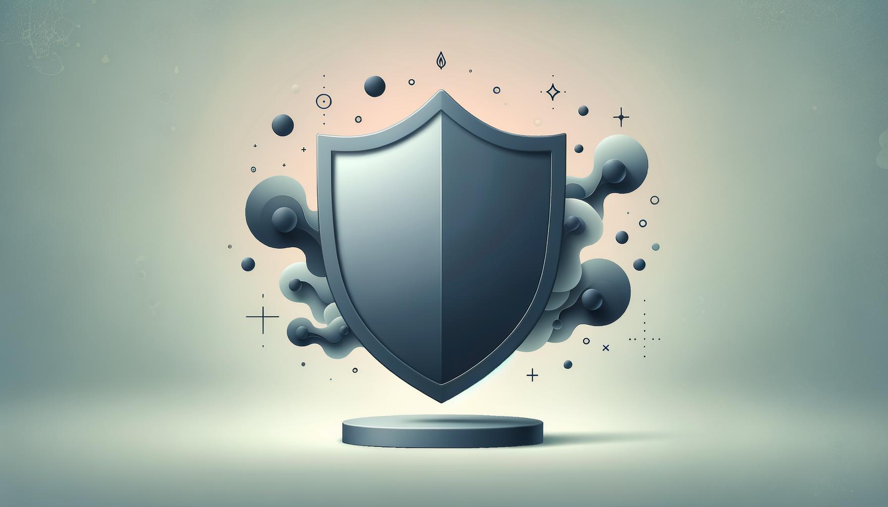 A simple shield deflects abstract dark shapes on a soft gradient background representing protection from burnout
