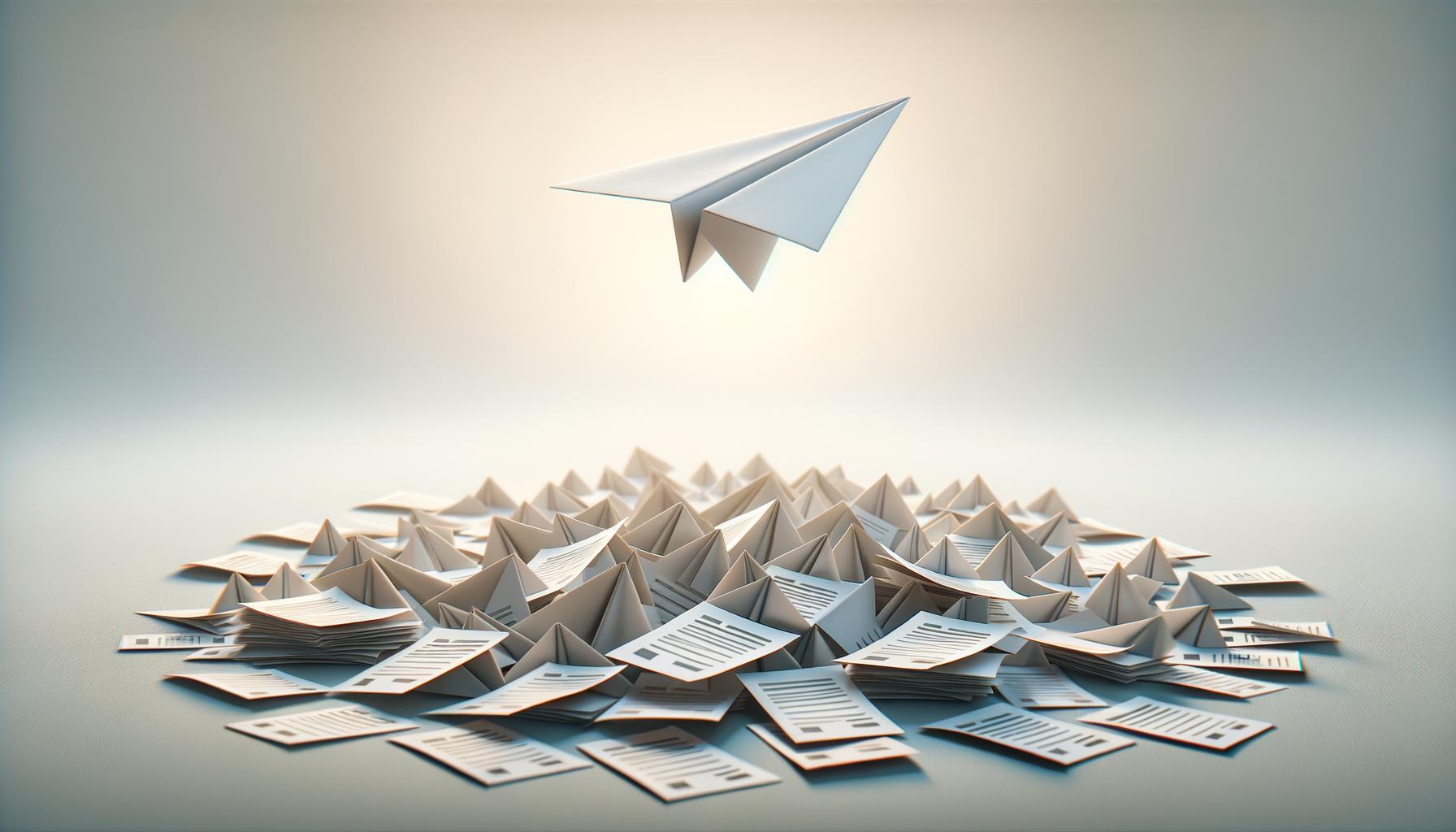 A single paper airplane flies above a pile of gray resumes on a soft light background