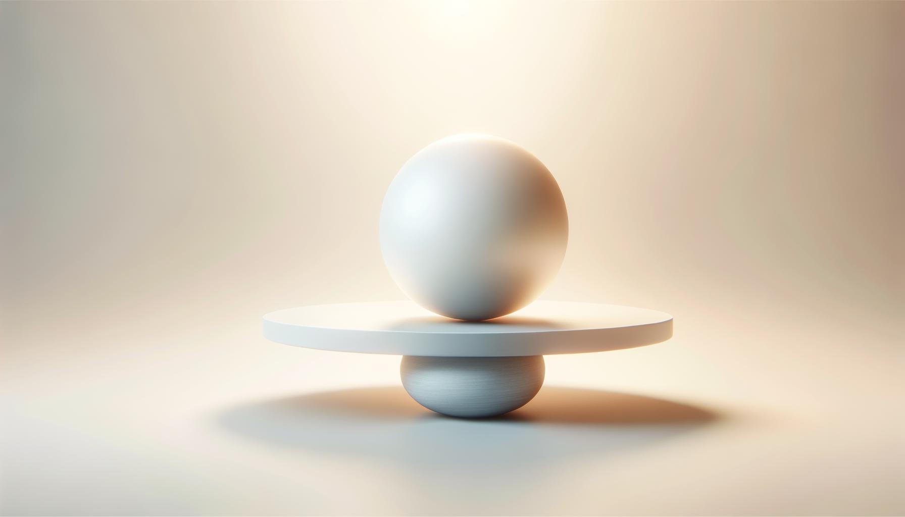 Minimalist glowing orb balanced on a smooth platform over a soft gradient background