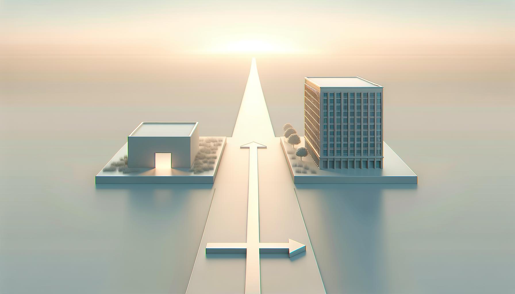 Minimalist illustration of a pathway branching from an office building into an open landscape under a soft gradient sky