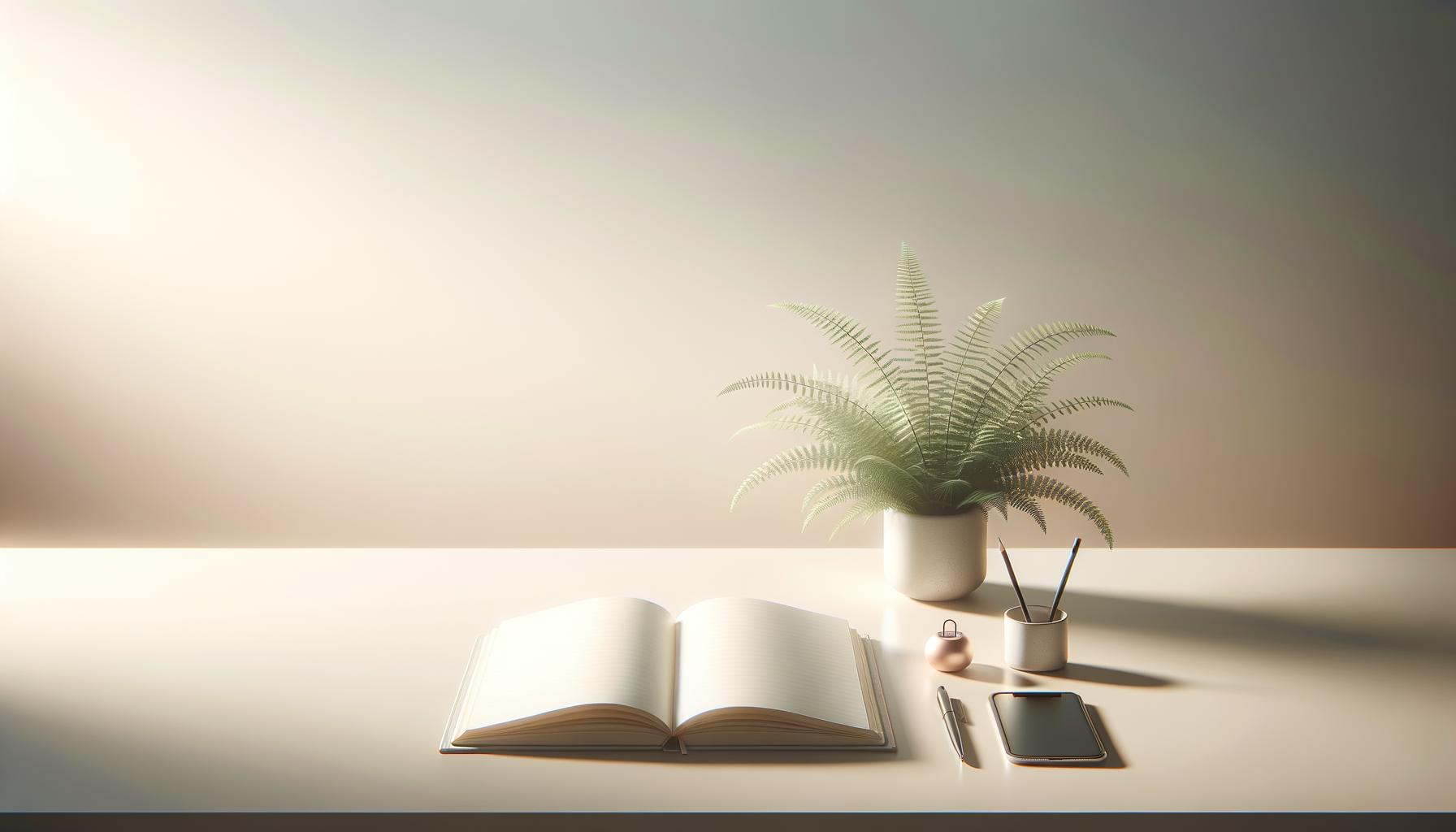 Minimalist workspace with a plant and open notebook on a desk in soft light representing calm and productivity