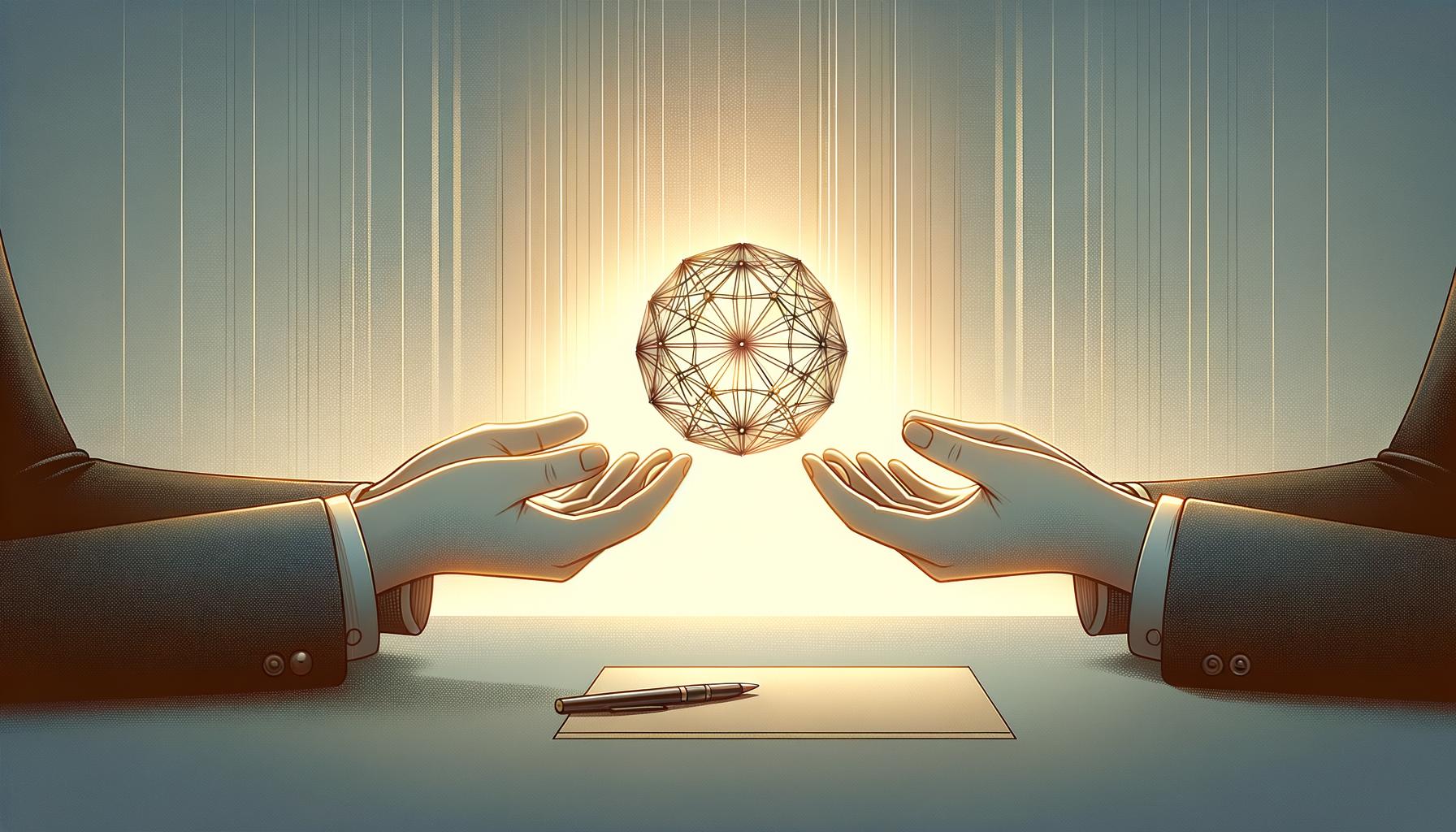 Minimalist illustration of two open hands exchanging a glowing sphere on a soft light gradient background