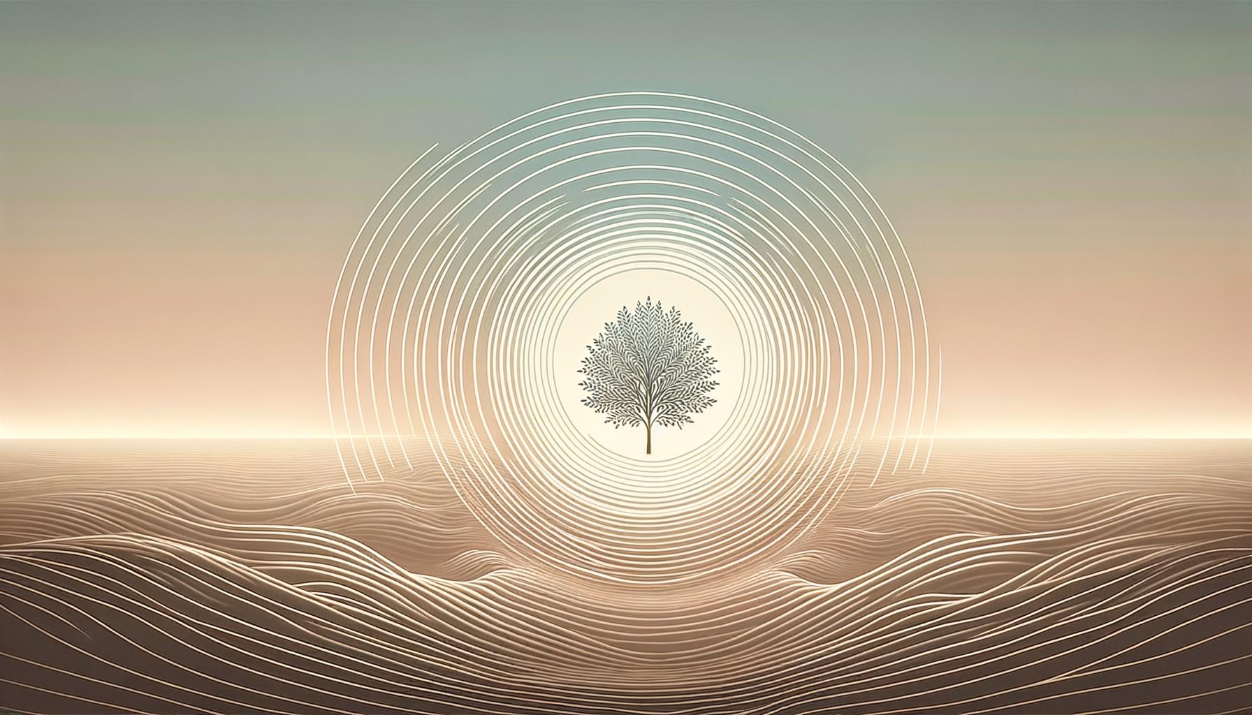 A single tree creates gentle ripples across a soft gradient background symbolizing kindness spreading