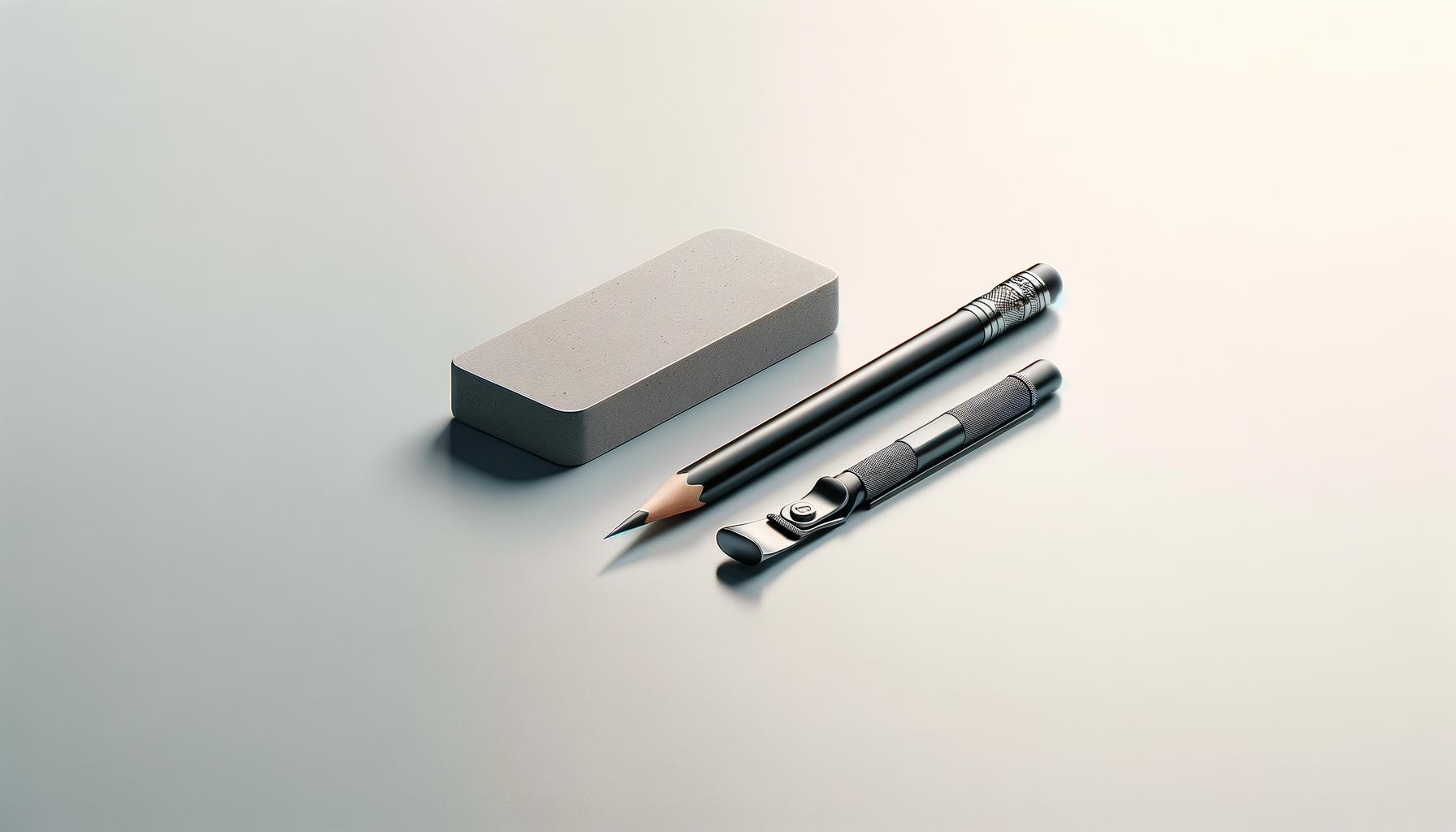 Minimalist illustration of a pencil beside a whetstone on a soft light background symbolizing preparation and progress