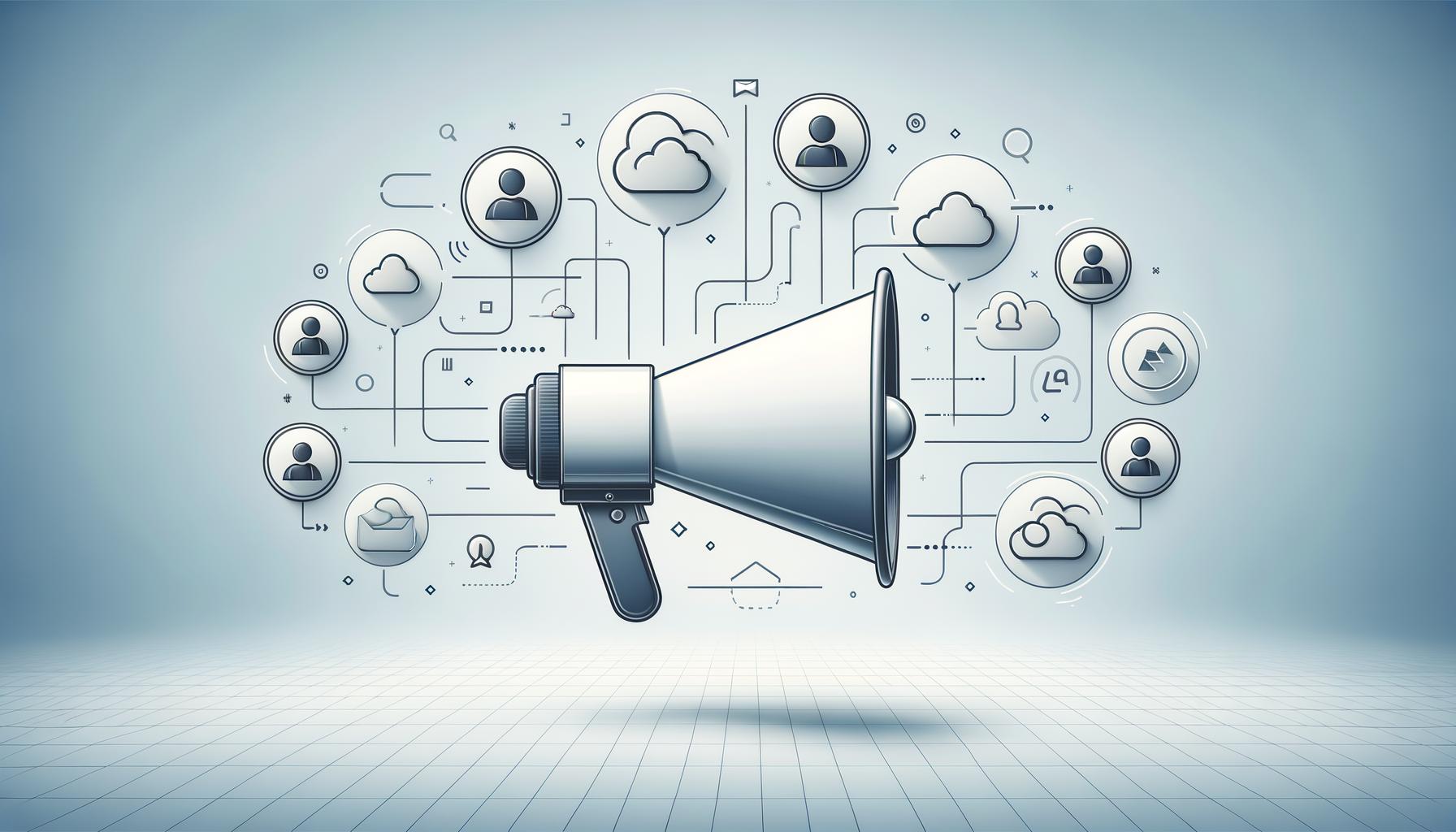 Minimalist megaphone linked to abstract LinkedIn icons on a soft gradient background symbolizing employee advocacy