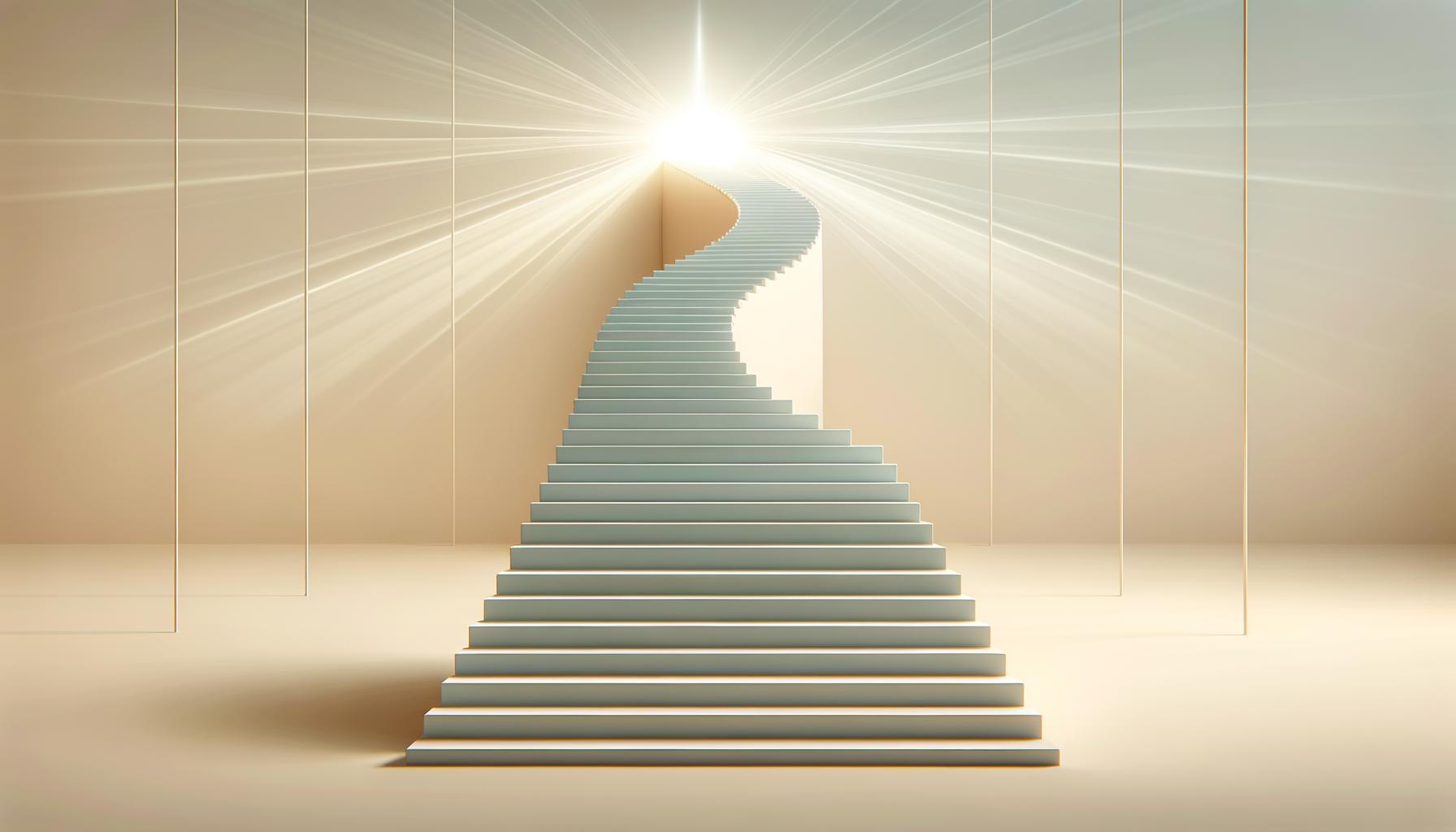 A minimalist staircase with small steps leading to a glowing horizon on a soft gradient background