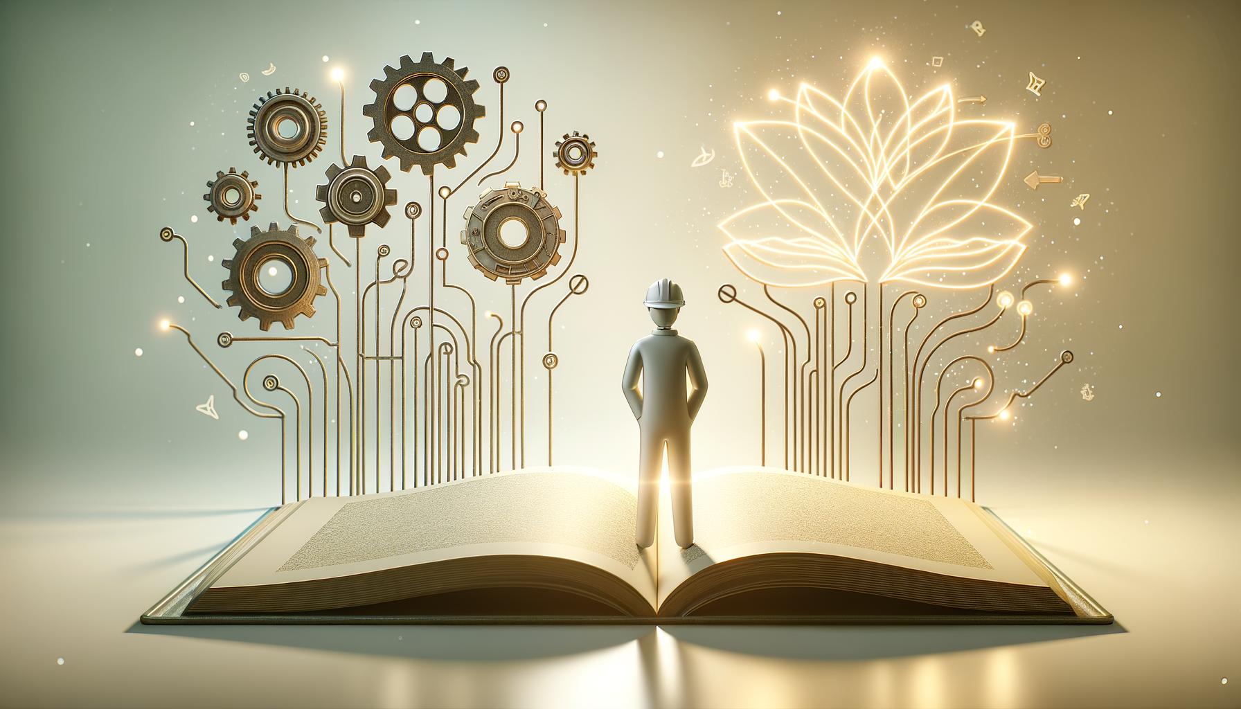 Minimalist engineer figure at a crossroads between gears and an open glowing storybook on a light gradient background