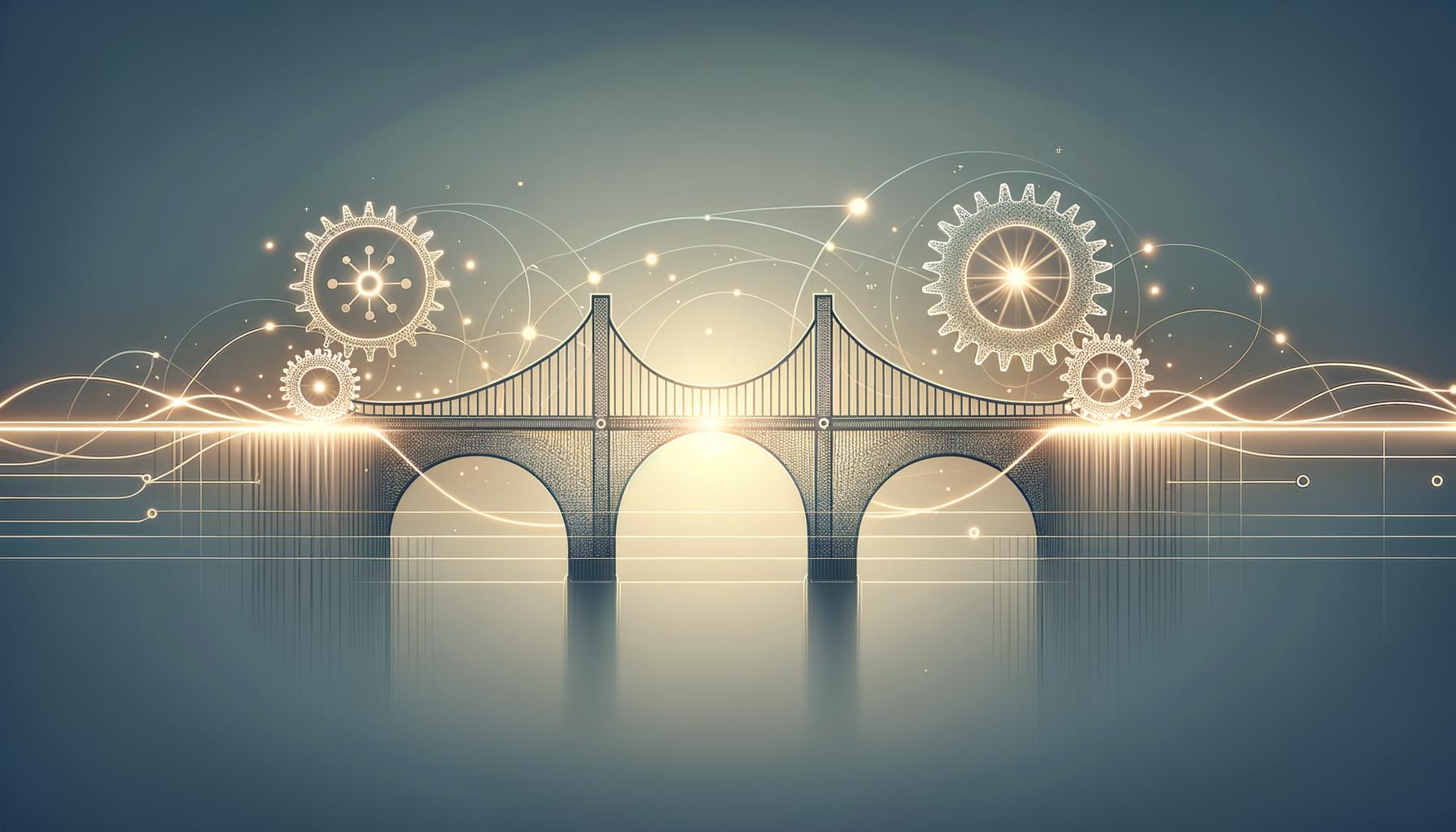 Minimalist bridge of light connecting two gears on a soft gradient background symbolizing storytelling in engineering