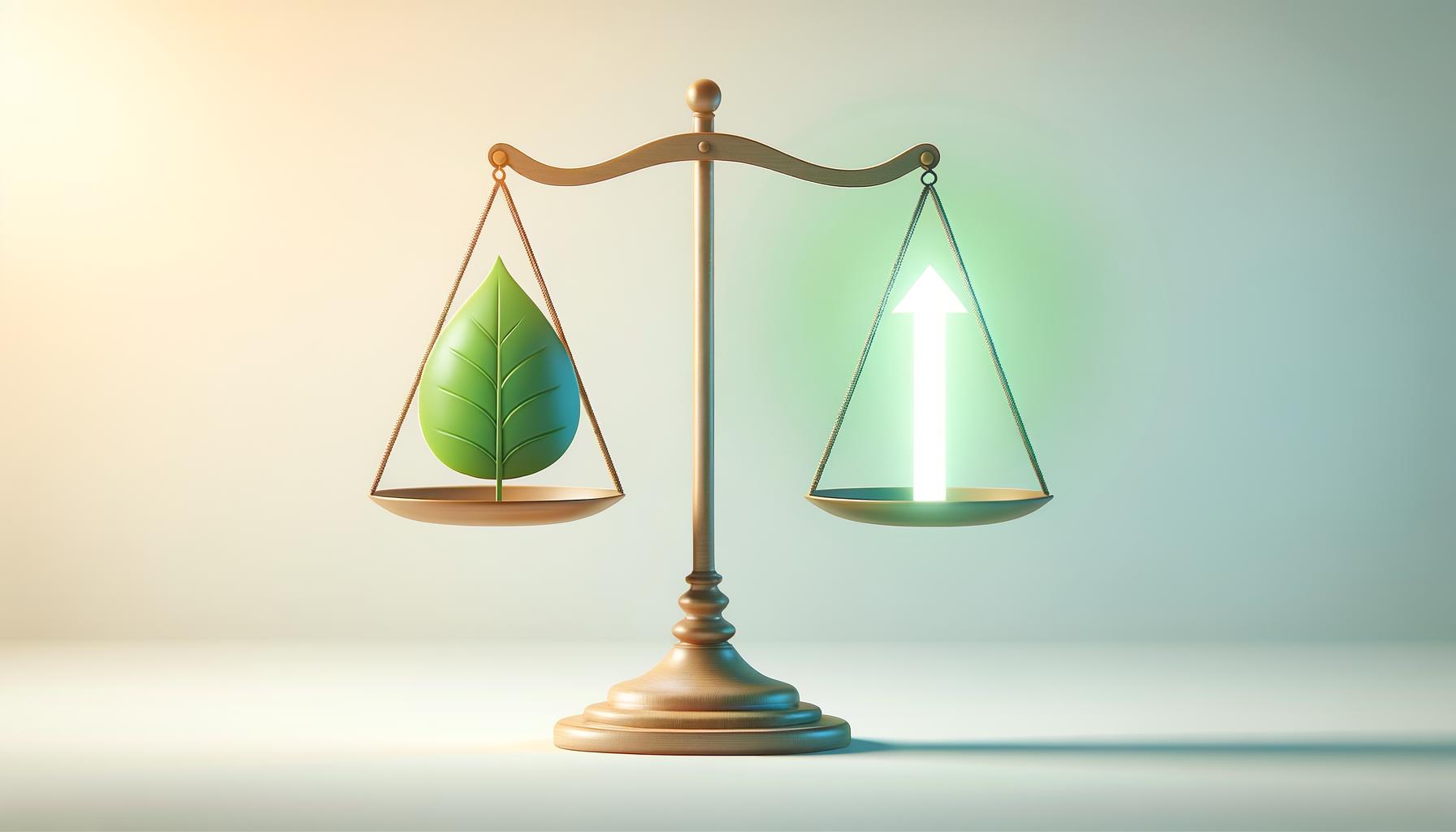 Minimalist illustration of a balanced scale with a green leaf and upward arrow on a soft gradient background