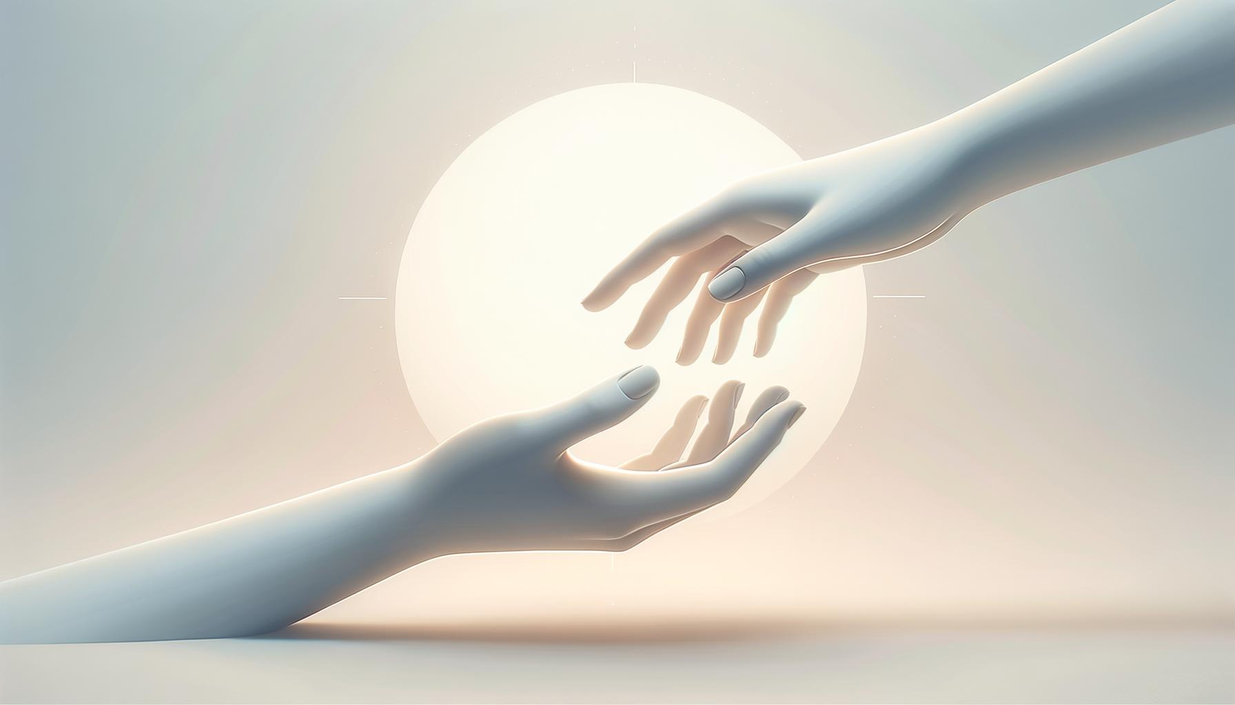 Minimalist illustration of two hands reaching out to each other on a soft gradient background