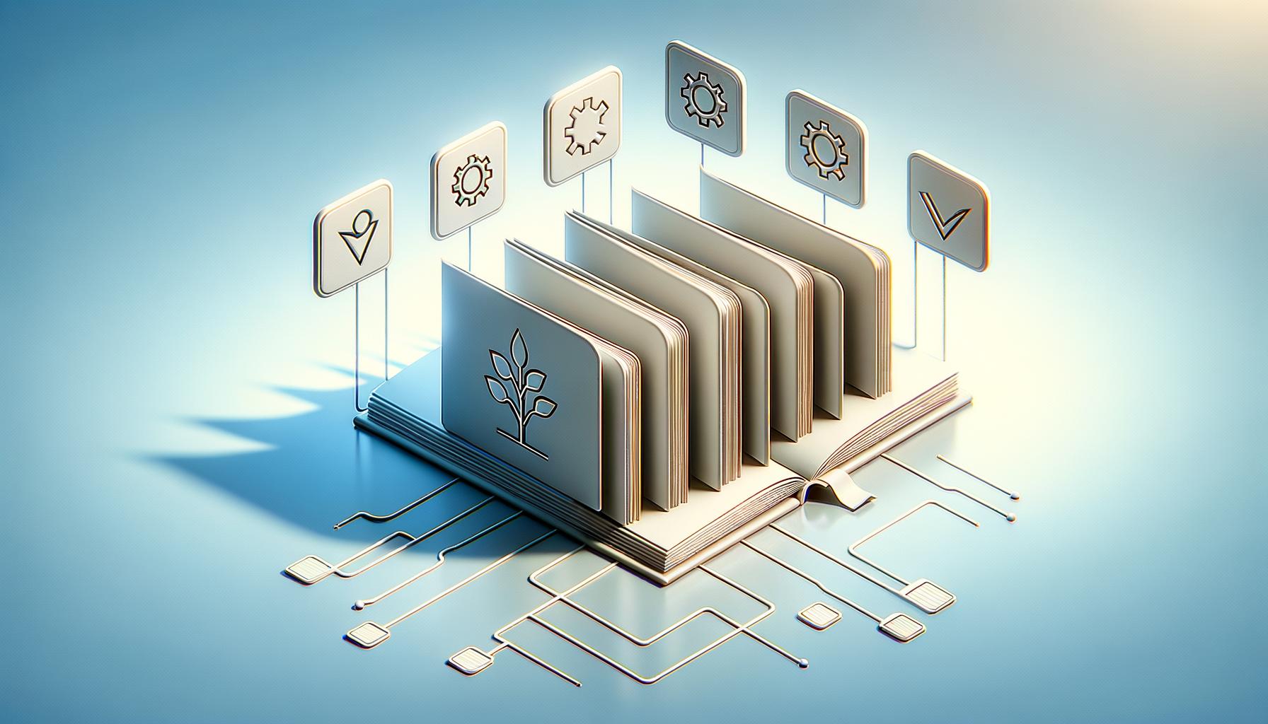 Minimalist illustration of an open playbook with seven tabs and subtle engineering symbols on a light gradient background