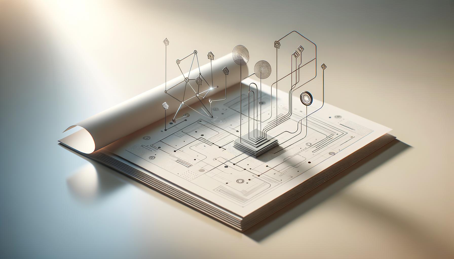 Abstract playbook unfolding on minimalist desk with geometric shapes symbolizing technical decision paths