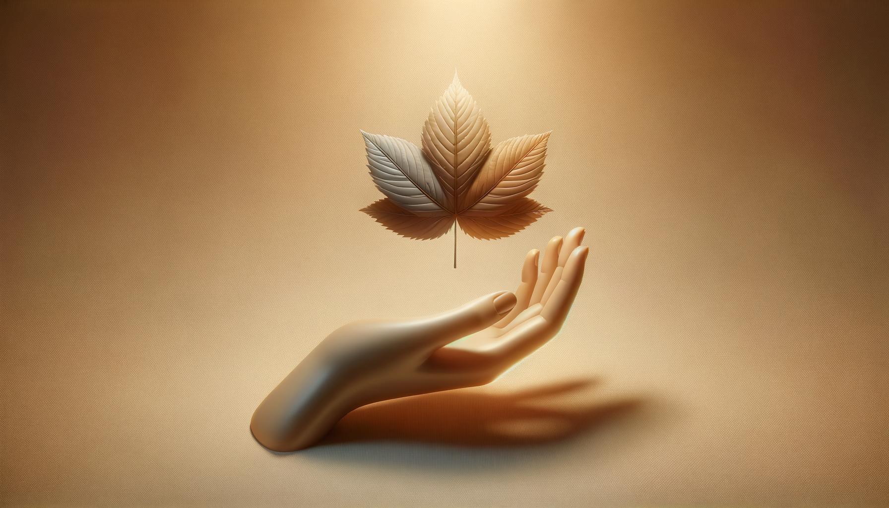 An autumn leaf floating above an open hand on a soft gradient background