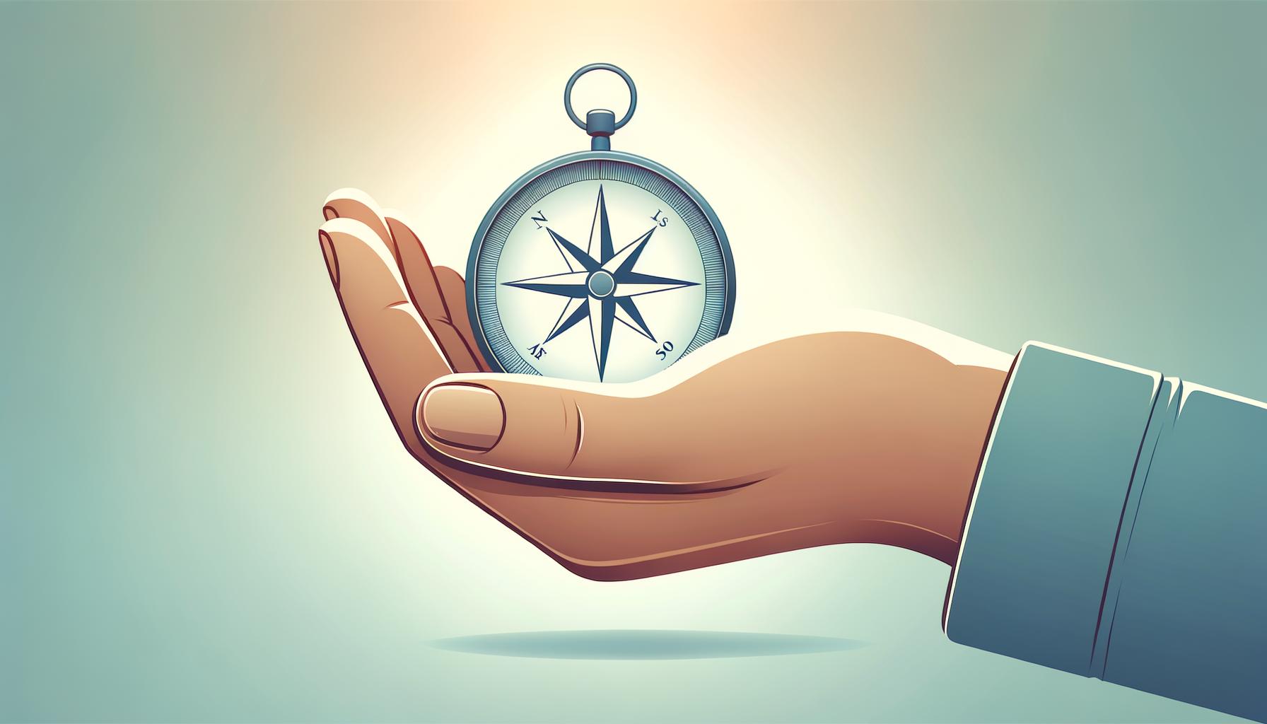 Minimalist illustration of a calm hand holding a compass on a light gradient background symbolizing steady leadership