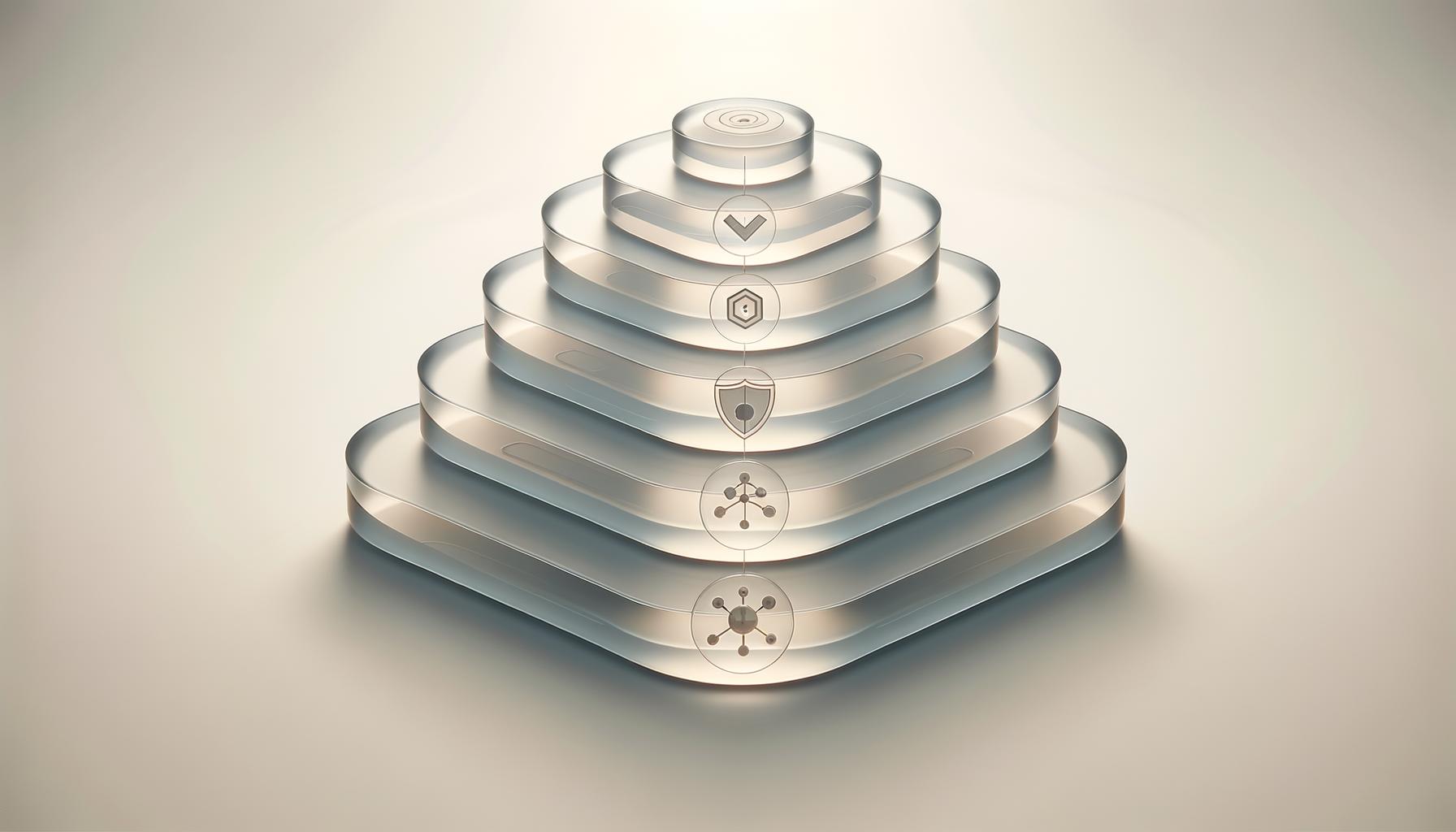 Minimalist illustration of five translucent layers stacked upward on a light gradient background