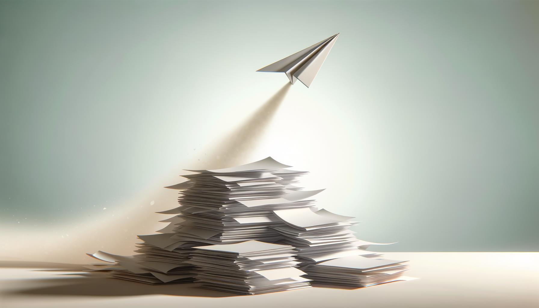 Minimalist illustration of a paper airplane rising from a stack of papers on a soft gradient background