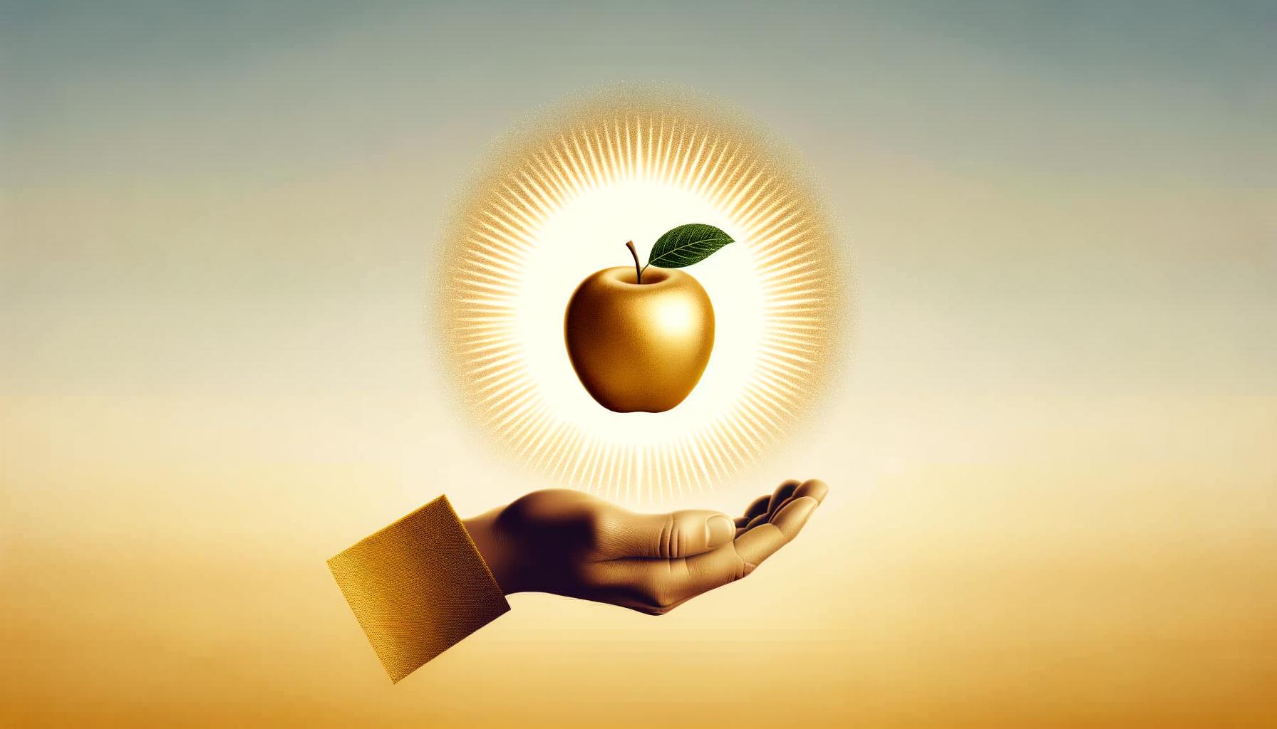 A golden apple in an open hand on a soft light gradient background symbolizes gratitude in action