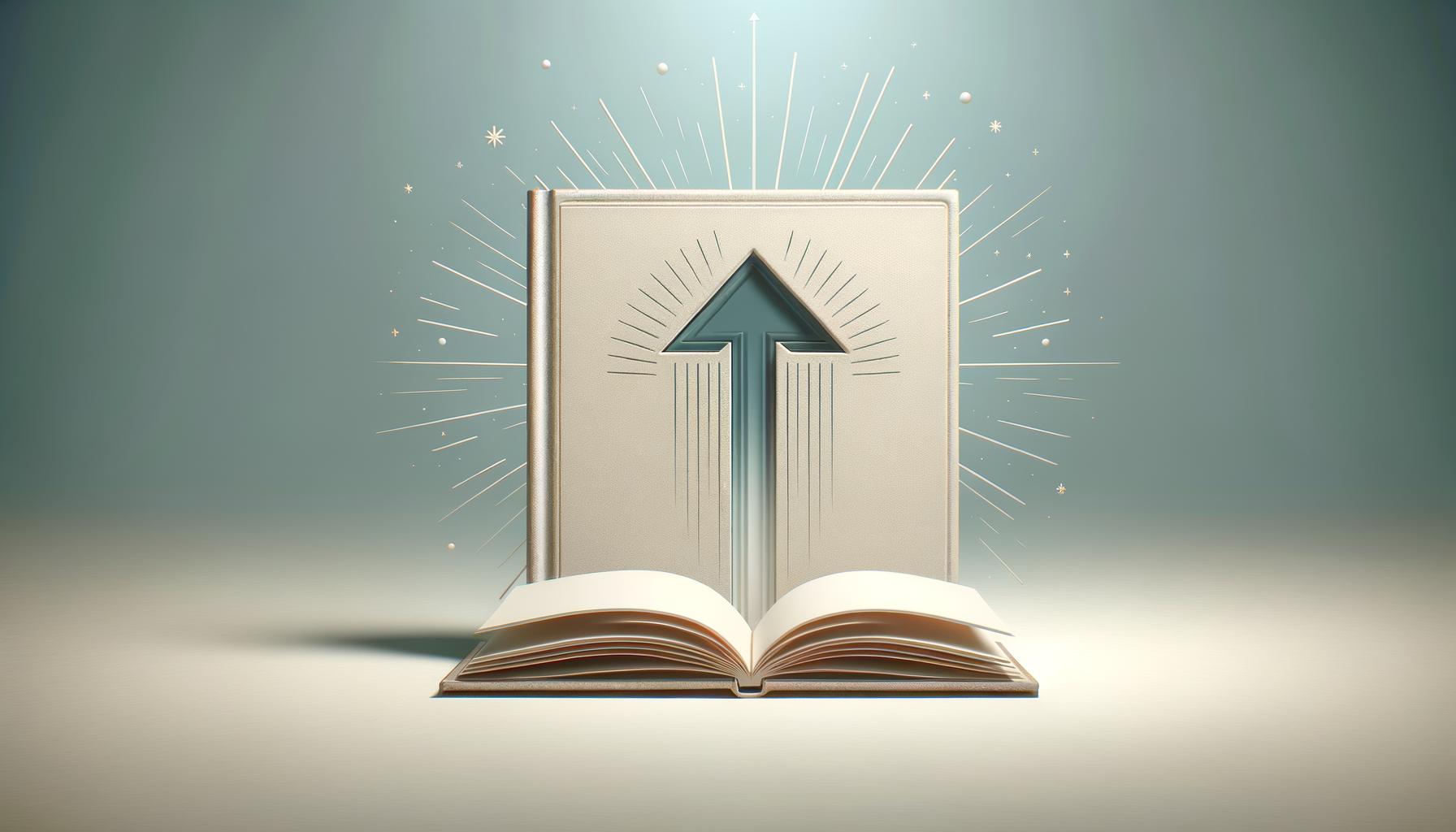 Minimalist illustration of an open notebook with an upward arrow symbolizing growth on a light gradient background