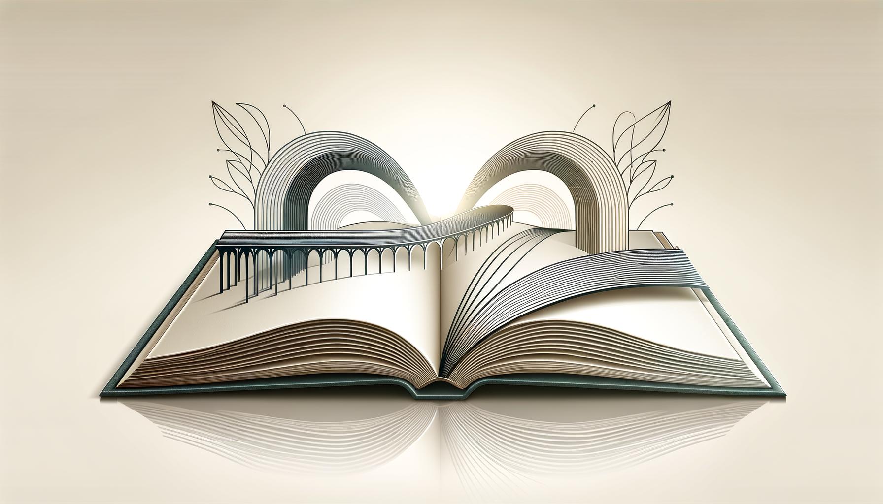 A minimalist bridge transforming into an open book on a soft gradient background