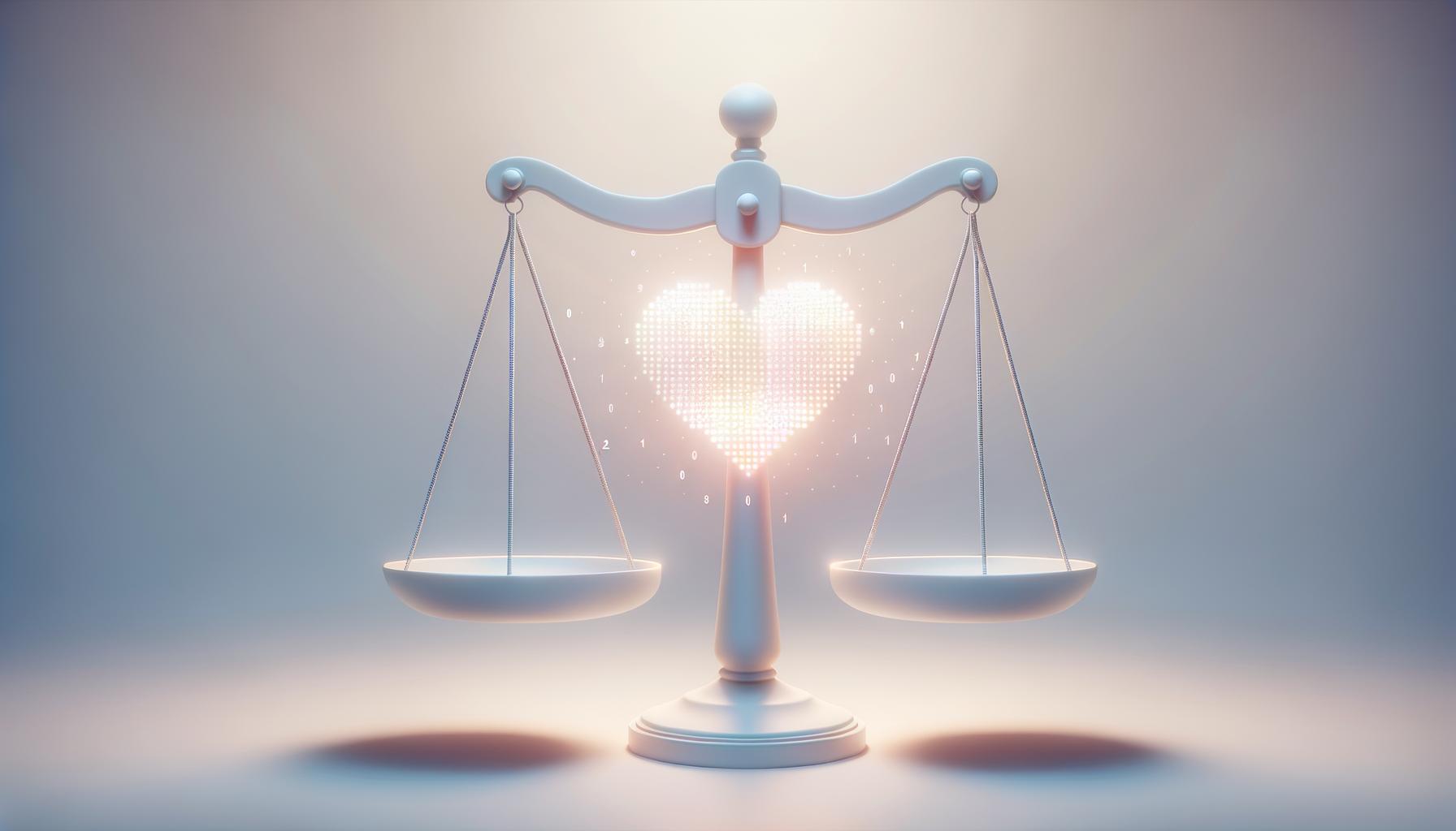 Minimalist illustration of a balanced scale with a glowing data point and an abstract heart on each side