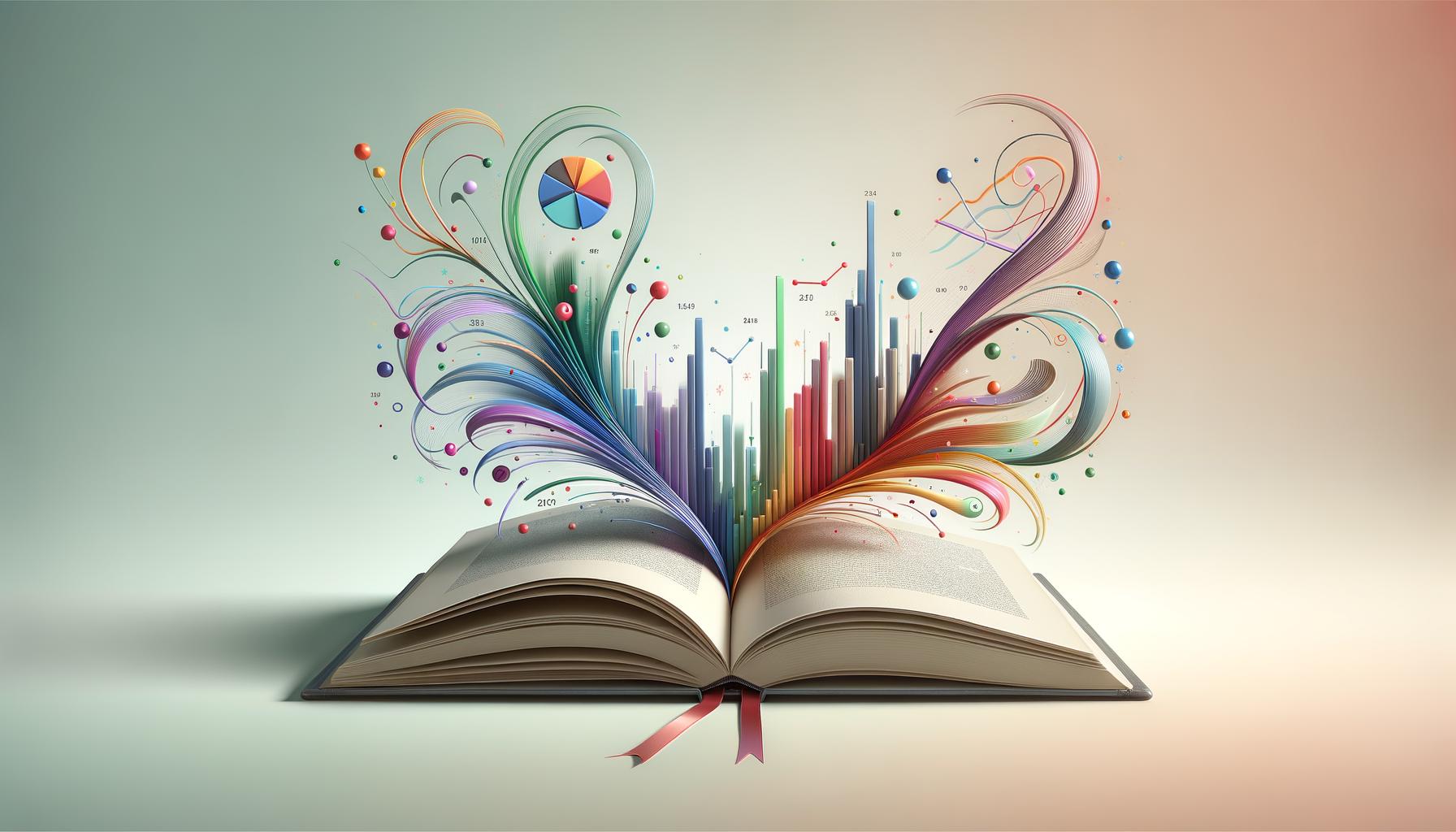 An open book with abstract data charts flowing out as ribbons on a soft gradient background