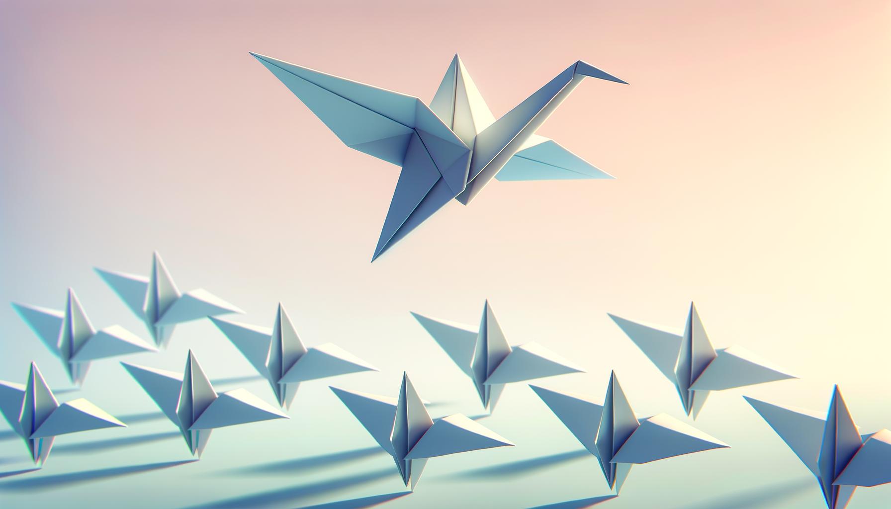 A unique origami crane flying above uniform paper planes on a soft gradient background