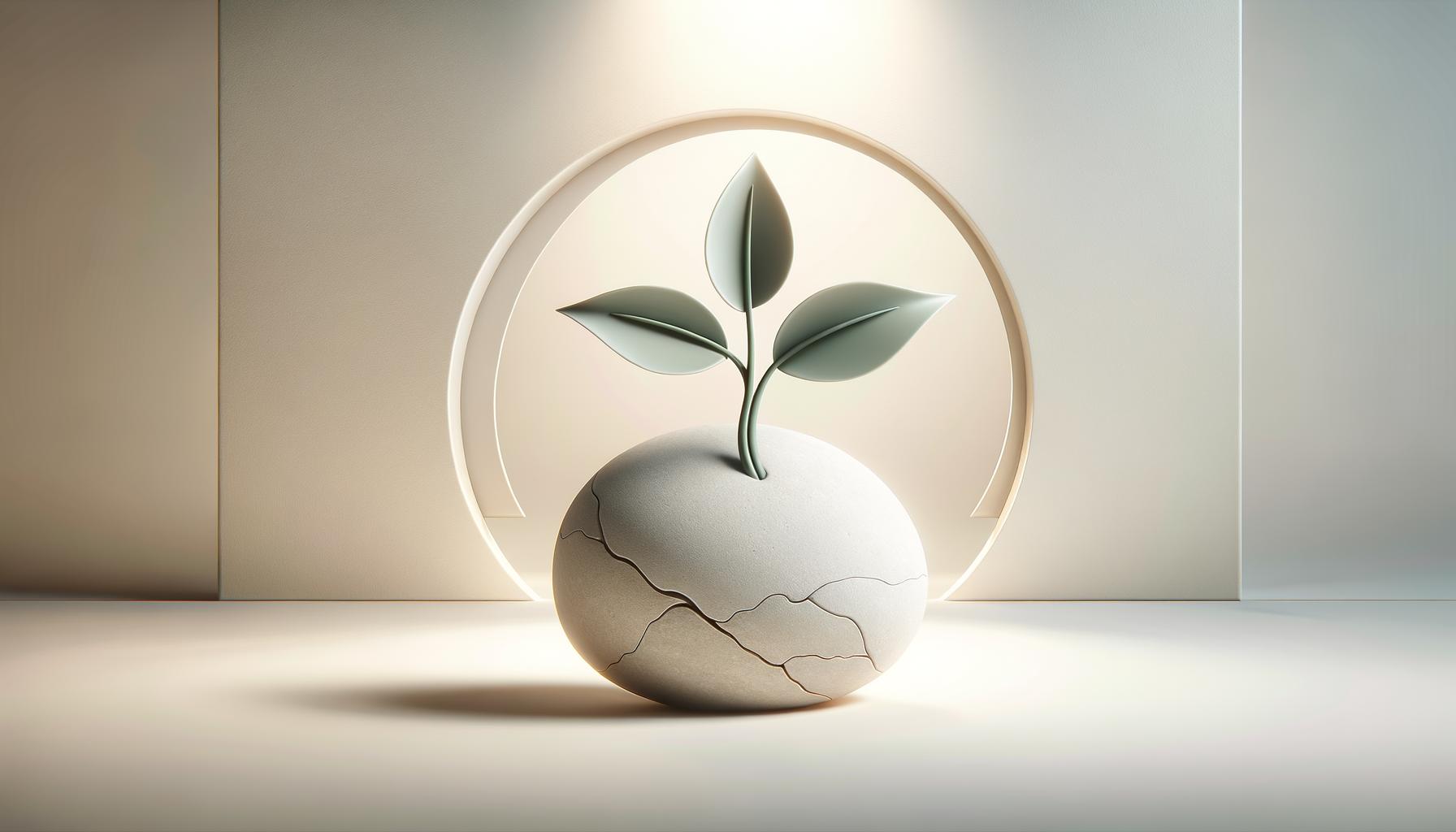 A green sprout grows from a cracked stone against a soft light gradient background