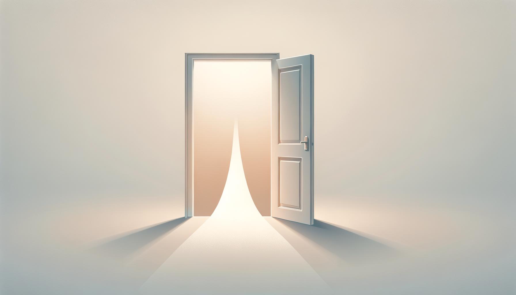 Minimalist illustration of an open door with a soft path suggesting unseen journeys on a light gradient background