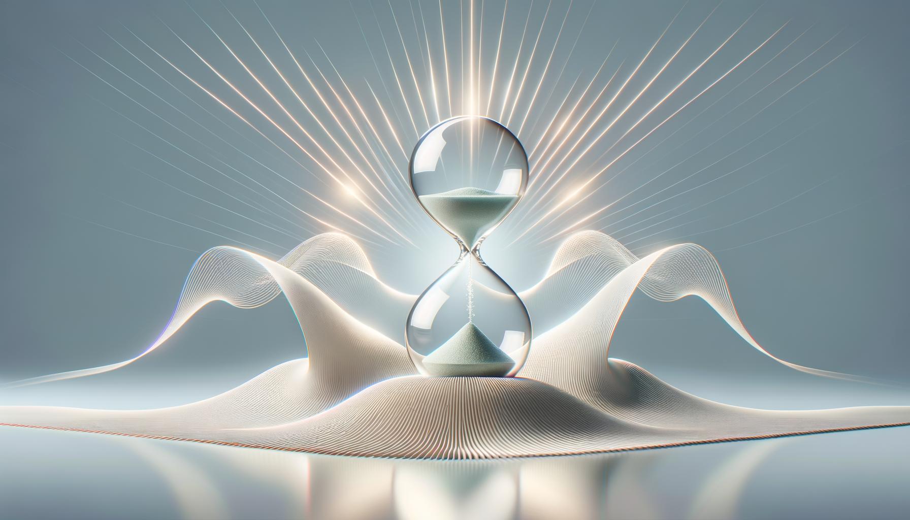 Minimalist hourglass radiating calm energy on a soft gradient background symbolizing productive stillness