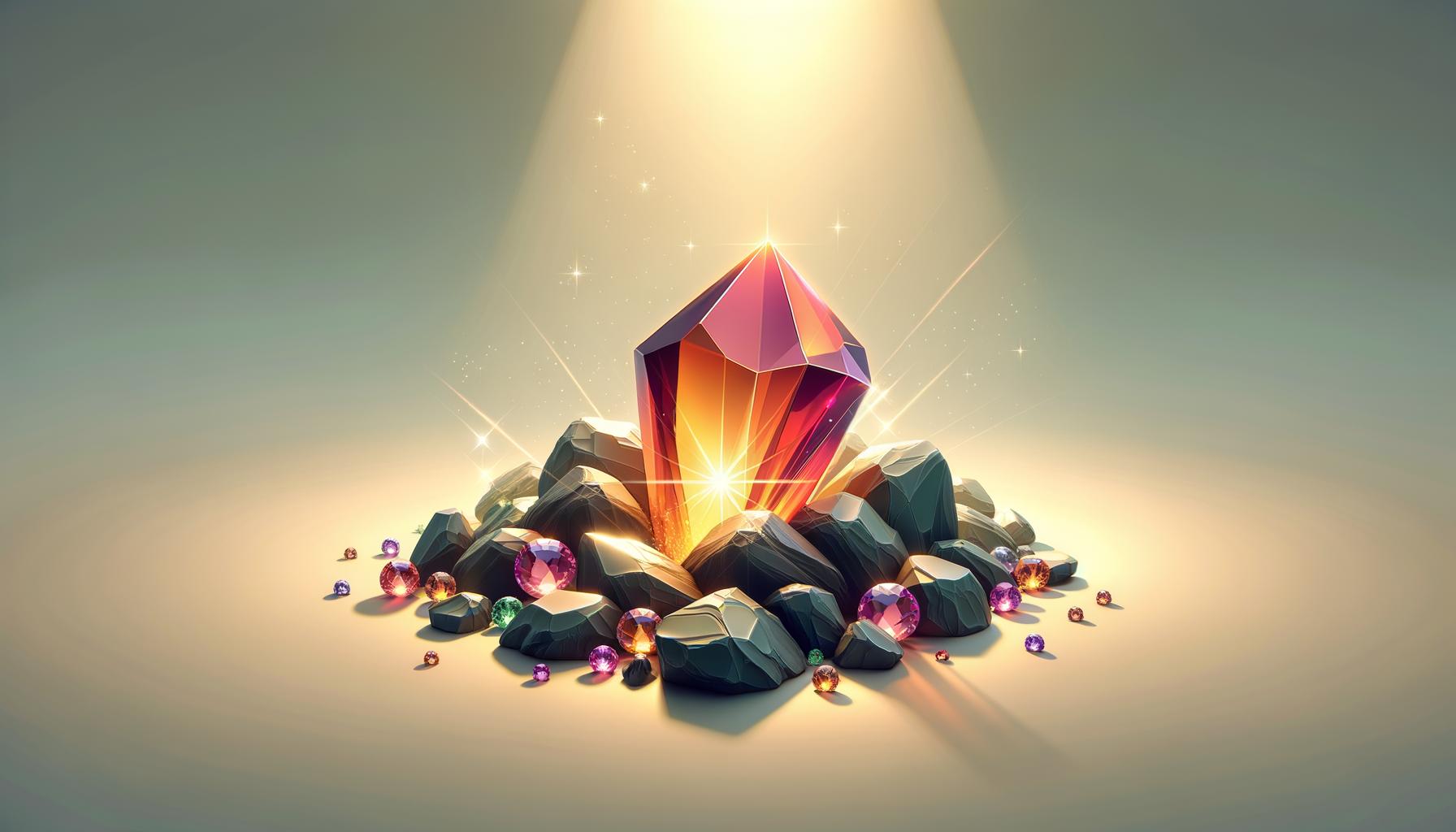 Minimalist illustration of a glowing crystal standing out among muted stones on a light gradient background