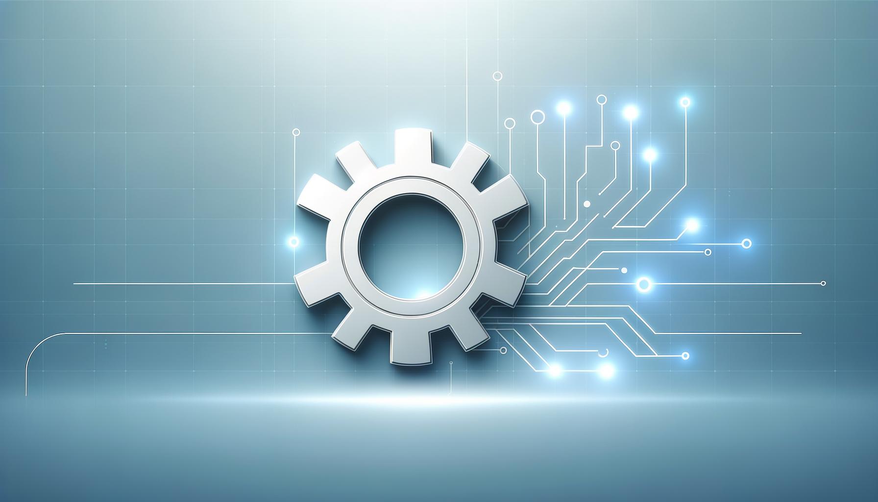 Minimalist gear merging with a circuit board on a light gradient background symbolizing AI coding efficiency