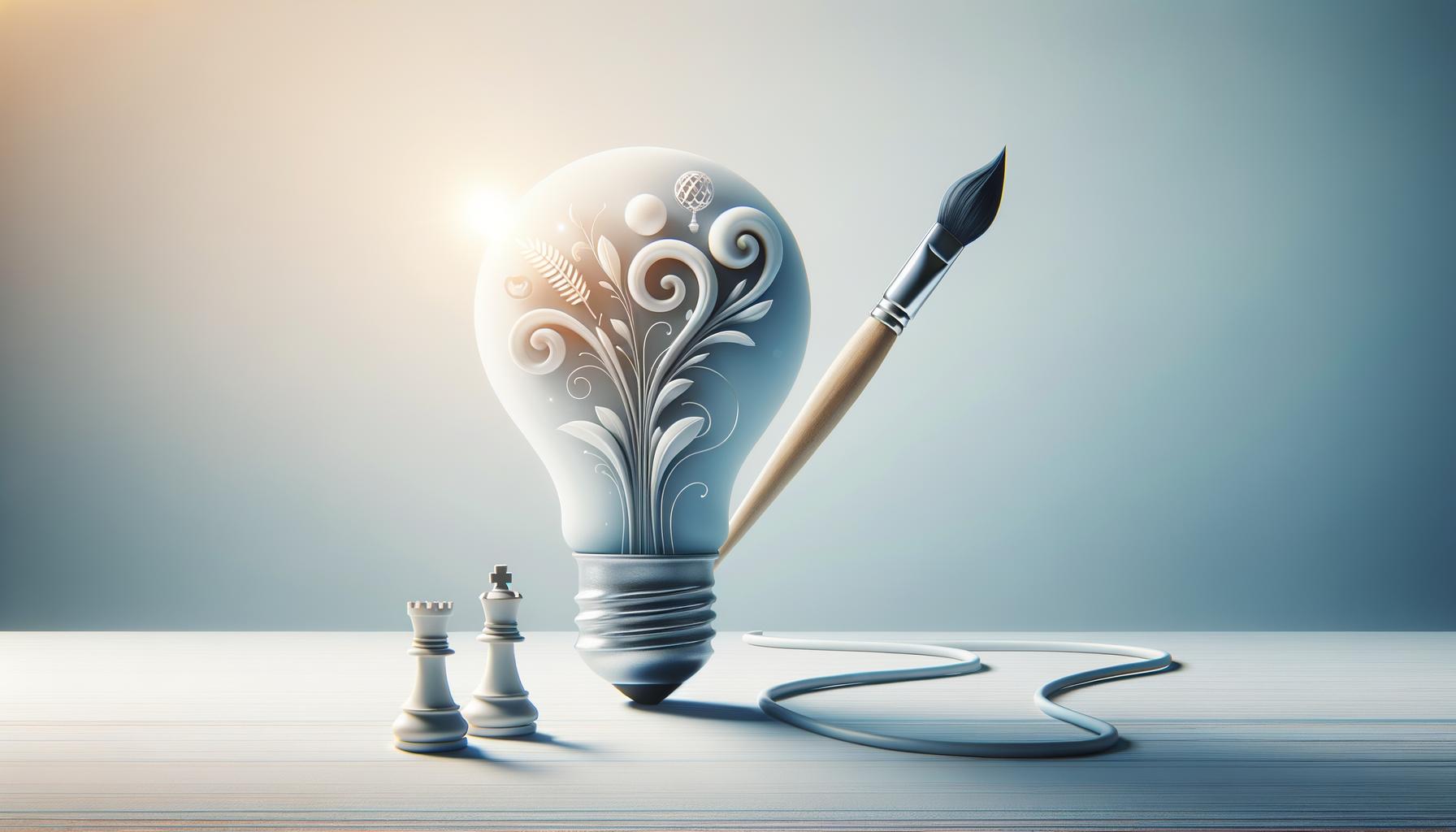 Minimalist illustration of a glowing lightbulb with creative symbols on a soft gradient background