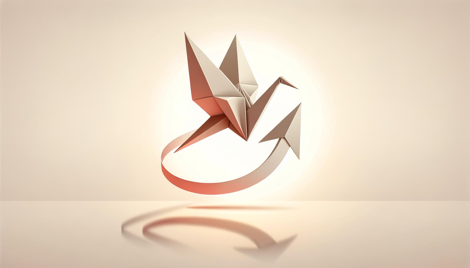 Minimalist origami crane transforming into an arrow on a soft light gradient background