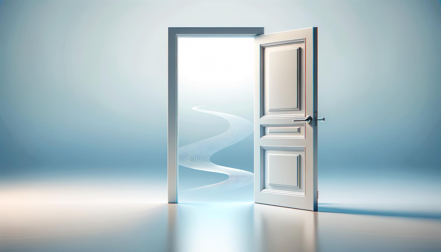 Minimalist illustration of an open door with gentle abstract ripples on a light gradient background