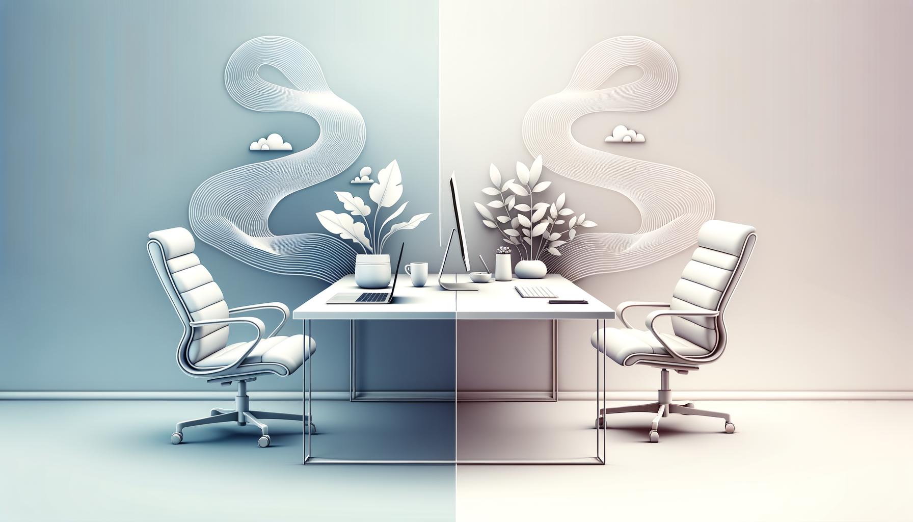 Minimalist split workspace showing home and office desks balanced by a flowing line on a soft gradient background